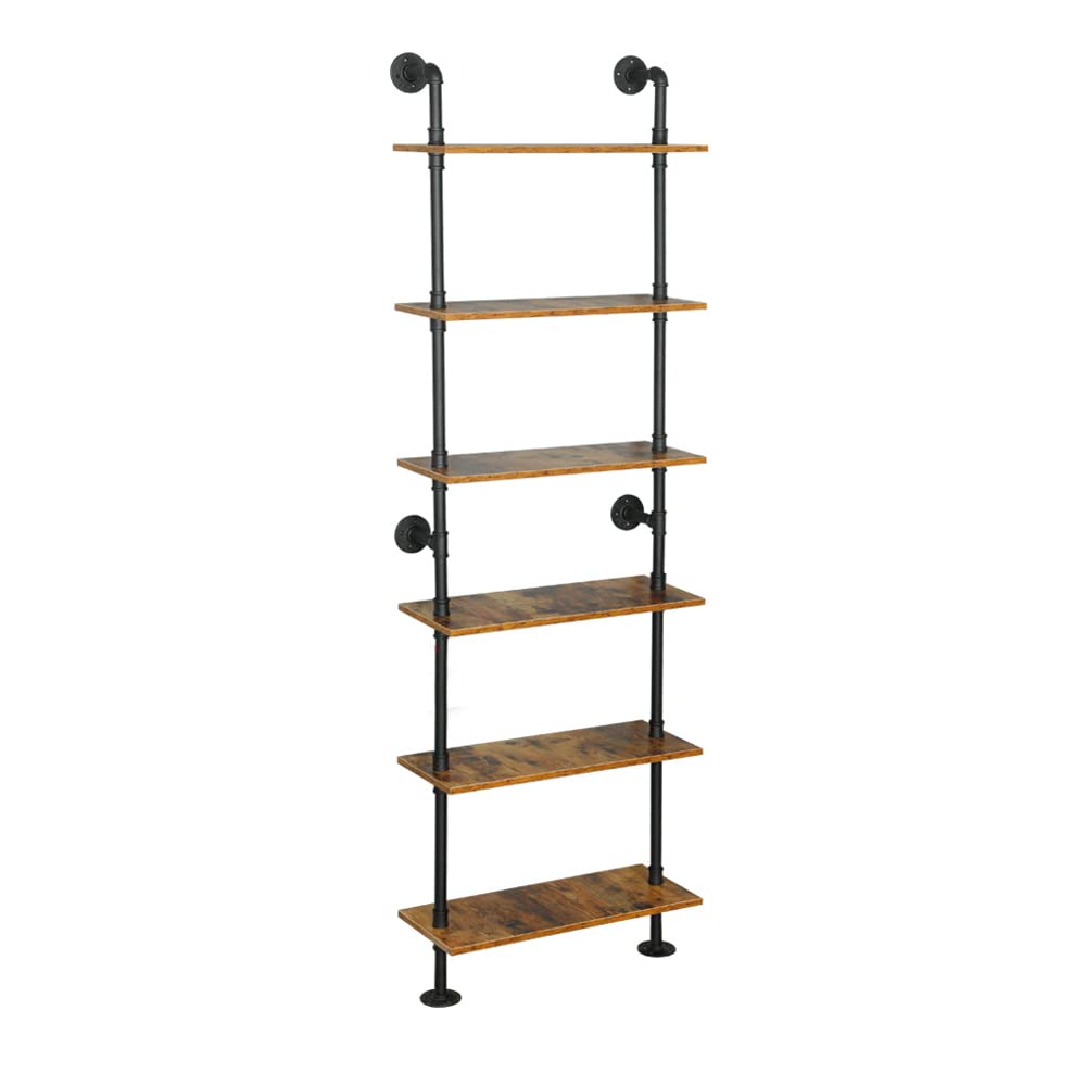 Industrial Gold Bookshelf-6 Tier Wall Mounted Ladder Bookshelf, Rustic Gold Storage Book Shelves Display Bookcases for Living Room/Home/Office
