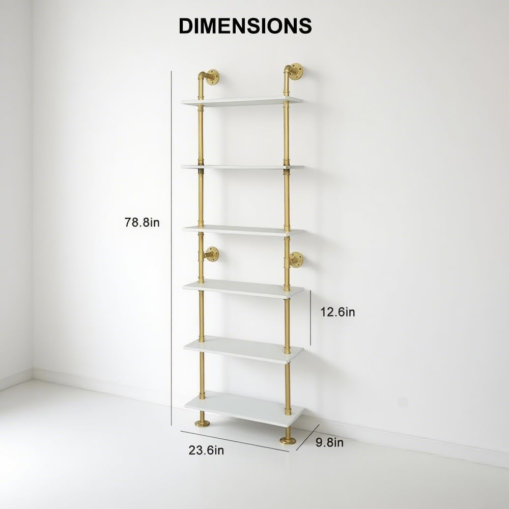 Industrial Gold Bookshelf-6 Tier Wall Mounted Ladder Bookshelf, Rustic Gold Storage Book Shelves Display Bookcases for Living Room/Home/Office