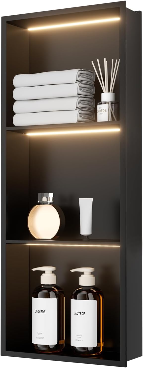 QAOYEDE 12"X30" Stainless Steel Shower Niche 3-Tier Shelf, Matte Black with Waterproof LED Light, No Tile Needed Recessed Wall Organizer for Bathroom