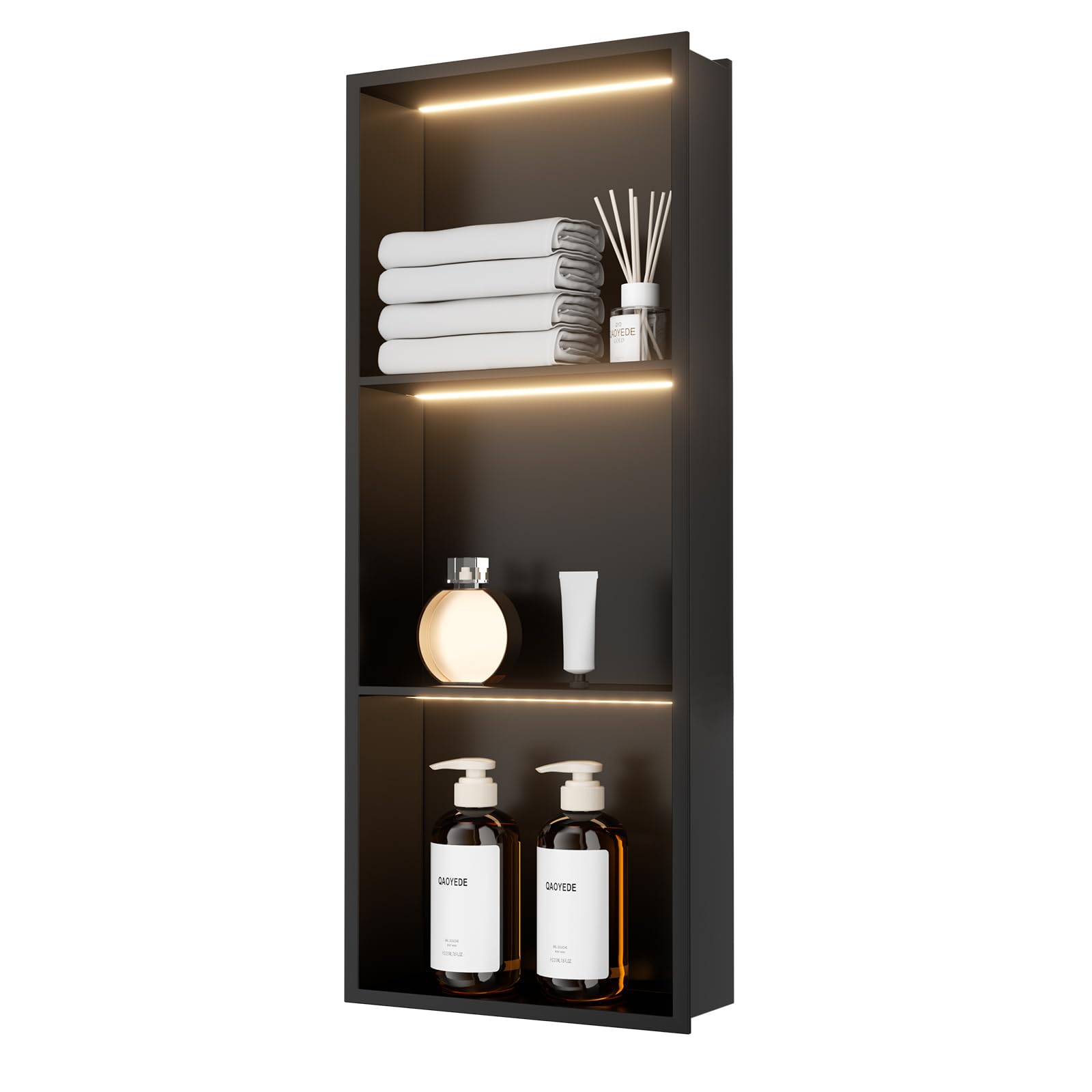 QAOYEDE 12"X30" Stainless Steel Shower Niche 3-Tier Shelf, Matte Black with Waterproof LED Light, No Tile Needed Recessed Wall Organizer for Bathroom