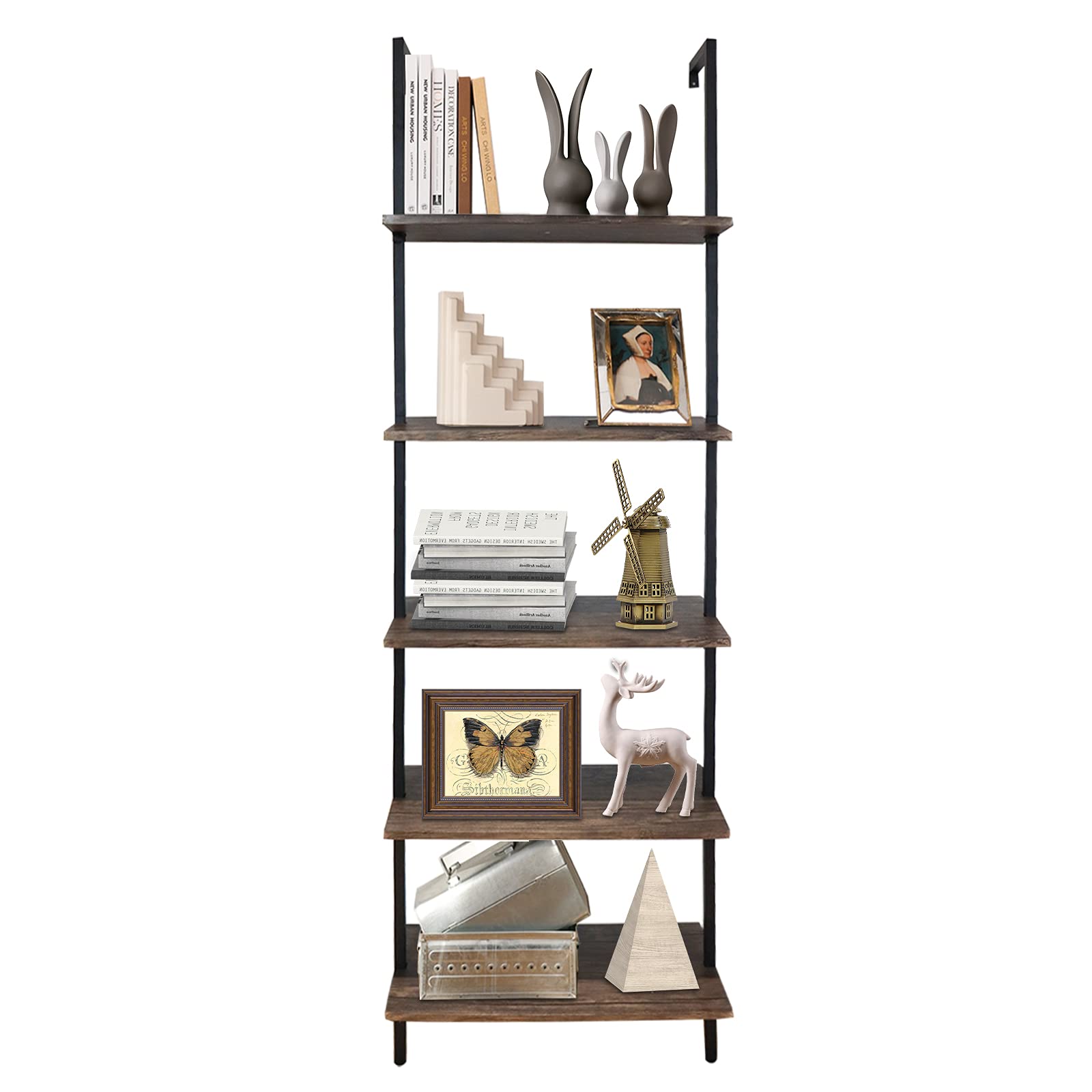 aboxoo Ladder Shelf 2PCS Open Bookshelf 5-Tier Wall-Mounted Wood Bookcase Rack Open Back Industrial Modern Plant Flower Stand Utility OrganizerMetal Frame Furniture Office Kitchen Bedroom (Brown)