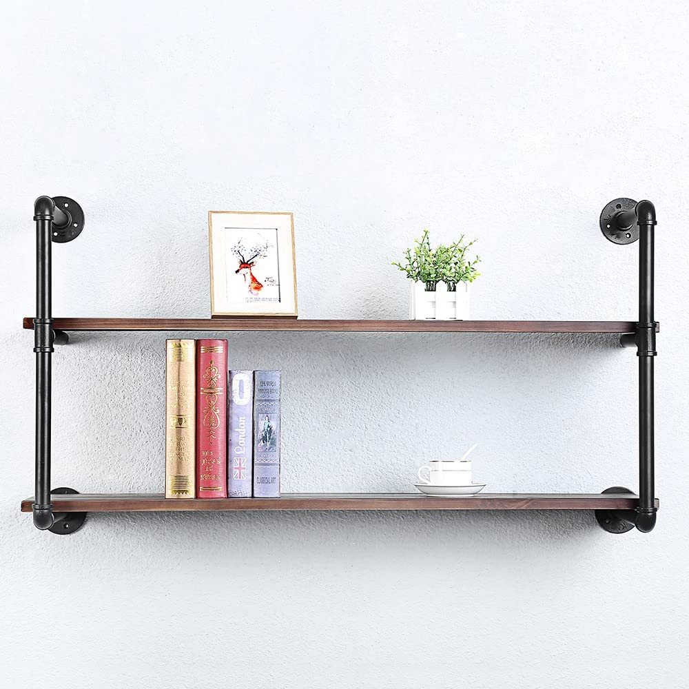 Industrial Pipe Shelving Wall Mounted,30in Rustic Metal Floating Shelves,Steampunk Real Wood Book Shelves,Wall Shelf Unit Bookshelf Hanging Wall Shelves,Farmhouse Kitchen Bar Shelving(3 Tier)