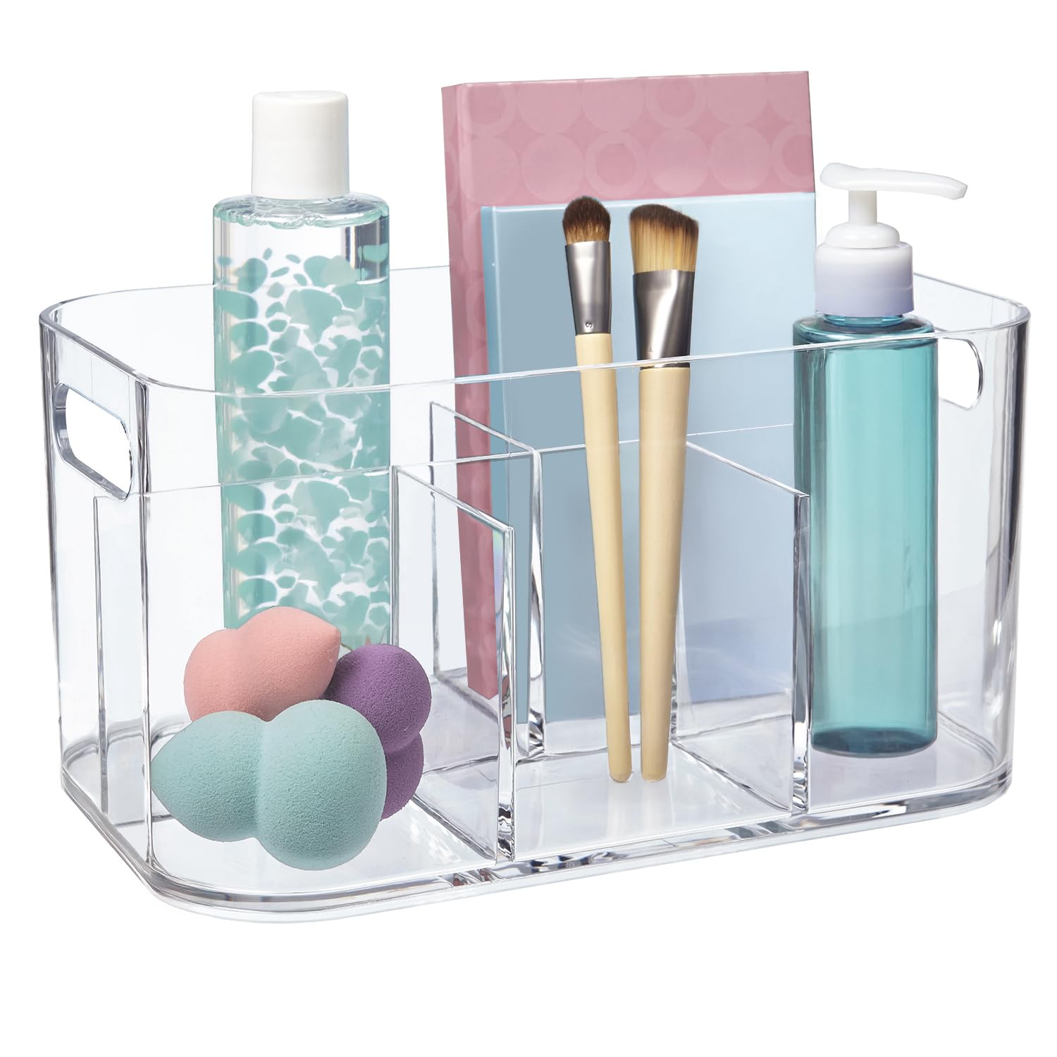 STORi Bliss 5-Compartment Plastic Cosmetics Storage Organizer, Set of 2 | Clear | Rectangular Divided Makeup Bin & Vanity Caddy with Pass-Through Handles | Round Corner Design | Made in USA