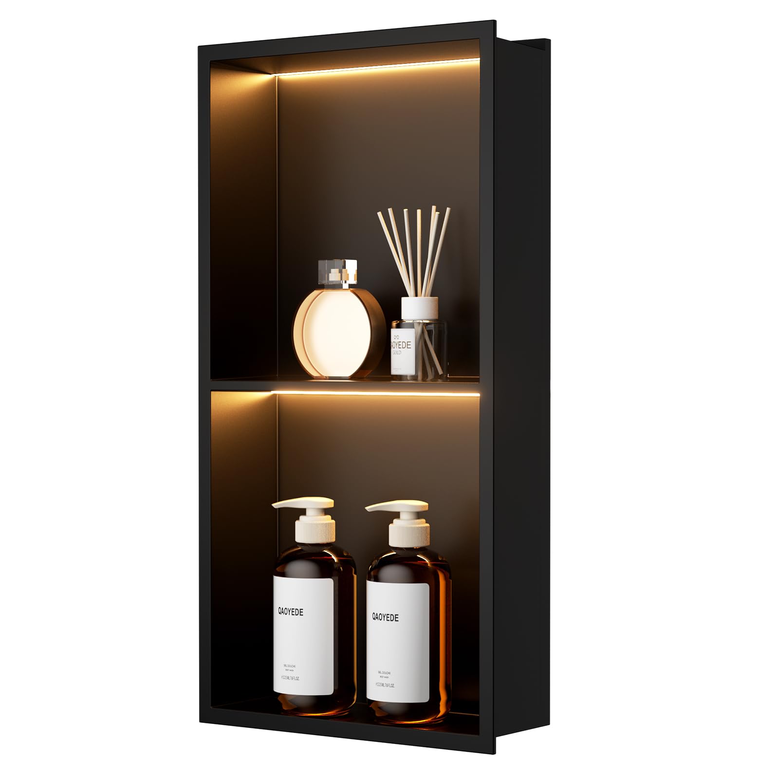 QAOYEDE 12"X30" Stainless Steel Shower Niche 3-Tier Shelf, Matte Black with Waterproof LED Light, No Tile Needed Recessed Wall Organizer for Bathroom