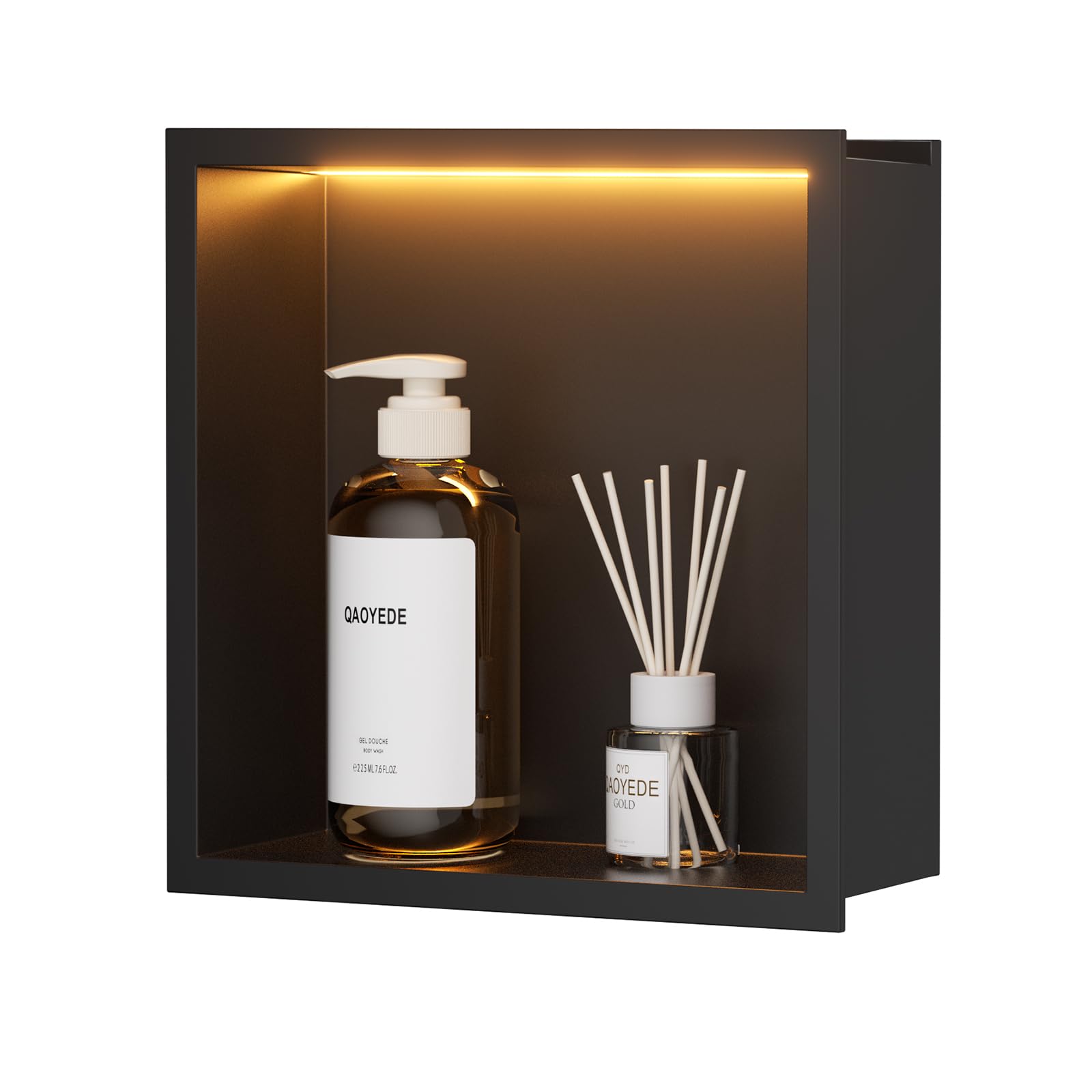 QAOYEDE 12"X30" Stainless Steel Shower Niche 3-Tier Shelf, Matte Black with Waterproof LED Light, No Tile Needed Recessed Wall Organizer for Bathroom