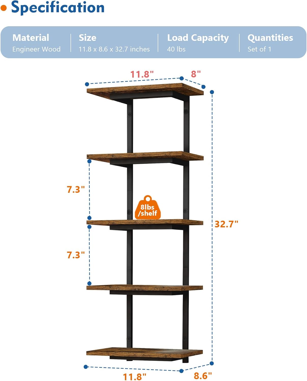 Harwaya 5 Tier Wall Bookshelf Unit for Bedroom Books, Large Floating Book Shelves Wall Mounted, Rustic Wood Lack Tiered Hanging Shelf for Kitchen Office Living Room Corner (Dark Brown)