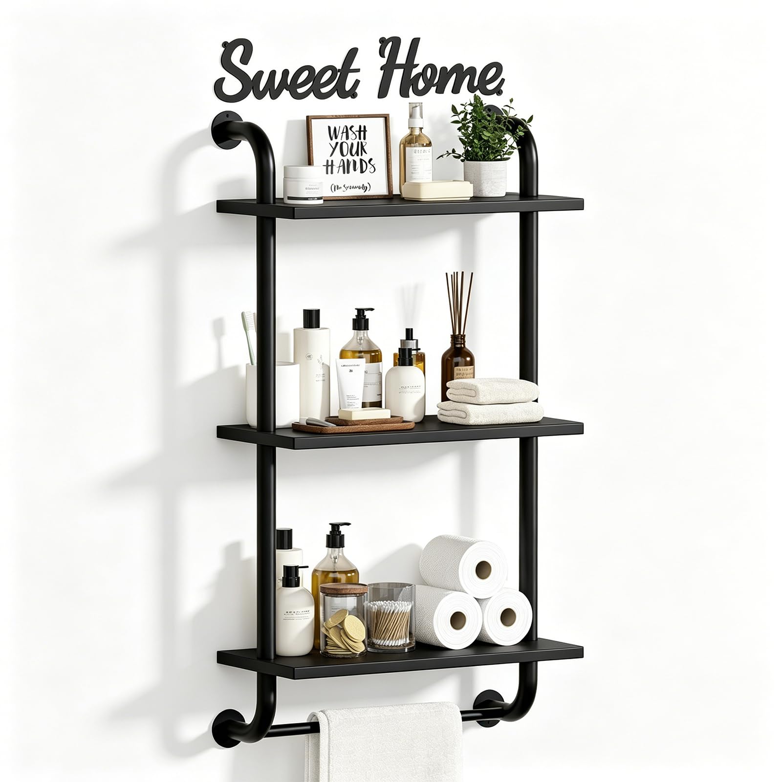 Tinpin Bathroom Shelves Wall Mounted, 3-Tier Rustic Wood Wall Shelf, 17.3 inch Industrial Pipe Floating Shelf for Bathroom,Kitchen,Bedroom,Living Room,Brown