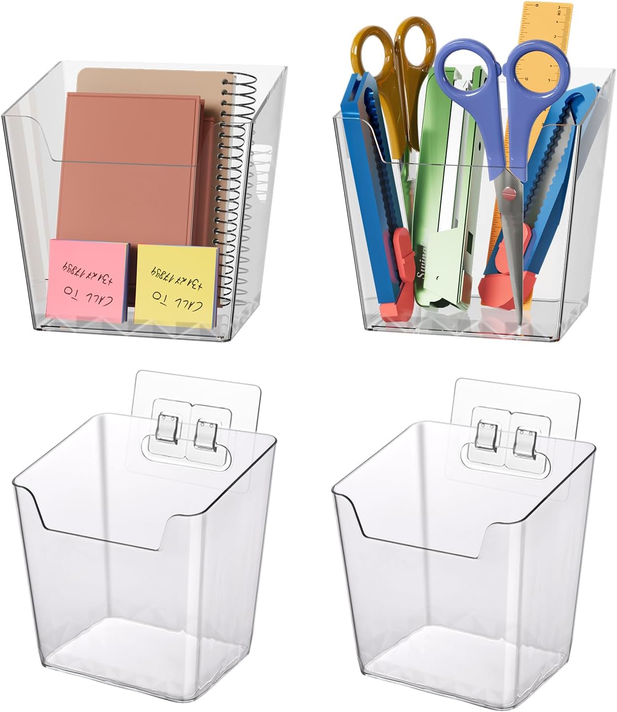 Clear Adhesive Wall Storage Bins, 4 Pack Cabinet Door Organizer Holders, Hanging Wall Mount Pockets, Plastic Cups for Shower Bathroom Makeup Office Craft Remote Kitchen Sink RV Organization (Medium)