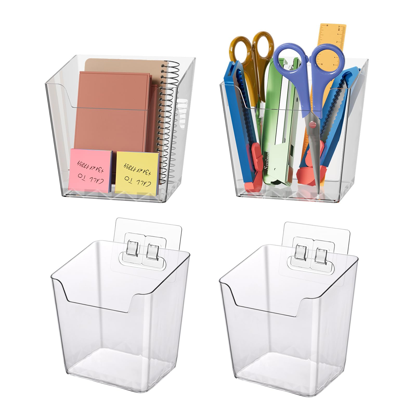 Clear Adhesive Wall Storage Bins, 4 Pack Cabinet Door Organizer Holders, Hanging Wall Mount Pockets, Plastic Cups for Shower Bathroom Makeup Office Craft Remote Kitchen Sink RV Organization (Medium)