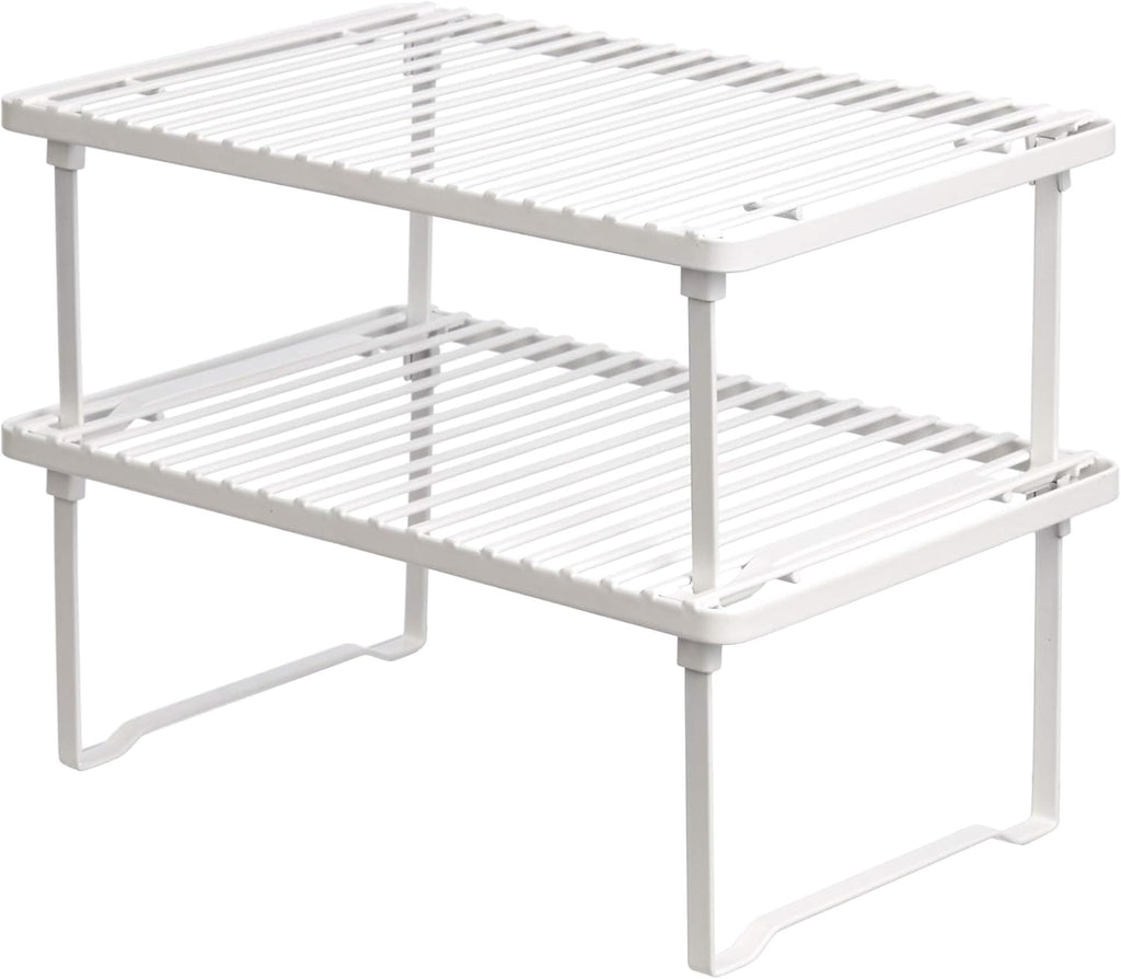Amazon Basics Space-Saving Stackable Metal Kitchen Cabinet Organizer Shelves for Dishes, Pantry Organization, 12.5" L x 8" D x 4.5" H, Set of 2, White