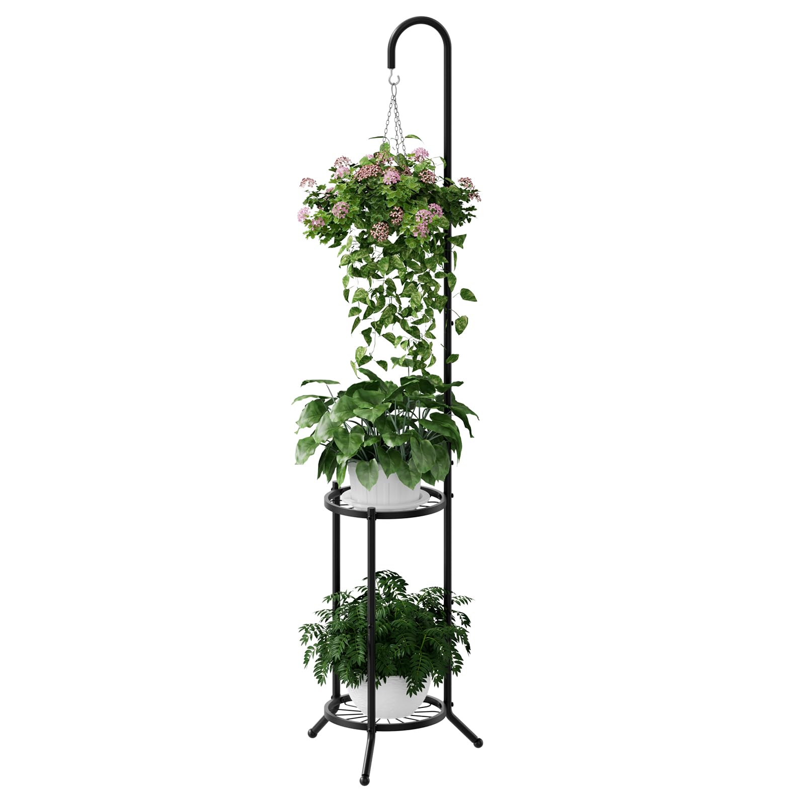 2-tier Hanging Plant Stand Indoor and Outdoor, Space-Saving Iron Plant Shelf, 3 Potted Flower Pot Stand ,Planter Holder for Bedroom Balcony Living Room Patio Garden( n-style)