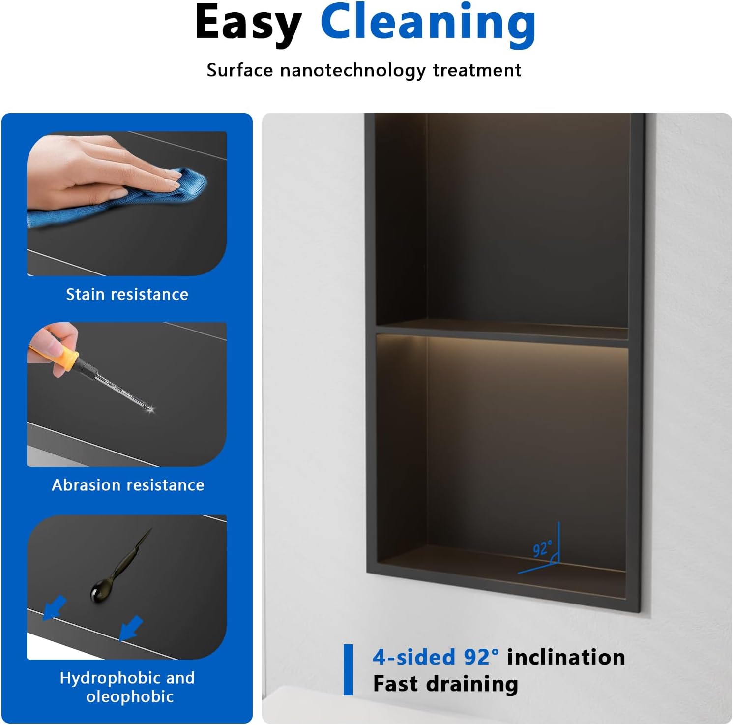 QAOYEDE 12"X30" Stainless Steel Shower Niche 3-Tier Shelf, Matte Black with Waterproof LED Light, No Tile Needed Recessed Wall Organizer for Bathroom