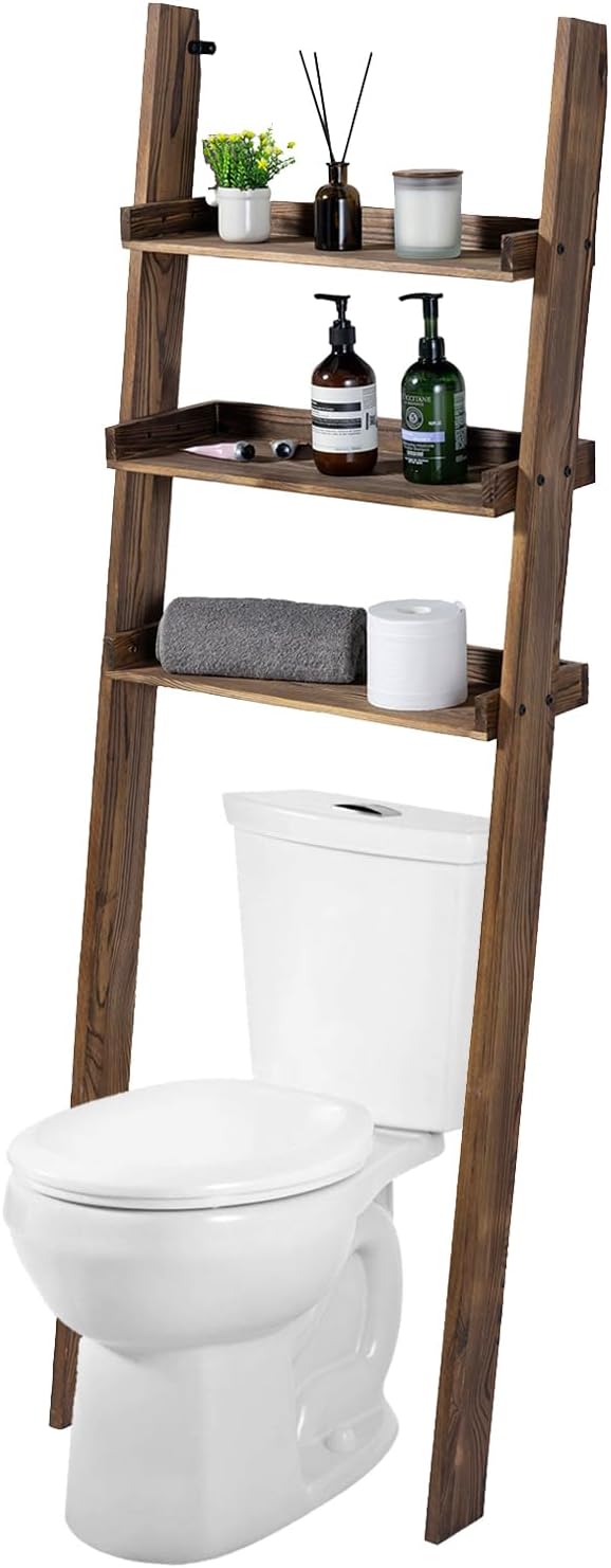 MyGift 5.5 Foot Tall Rustic Burnt Solid Wood Over The Toilet Decorative Ladder Standing Shelf, 3 Tier Bathroom Organizer Leaning Storage Shelves Rack Stand