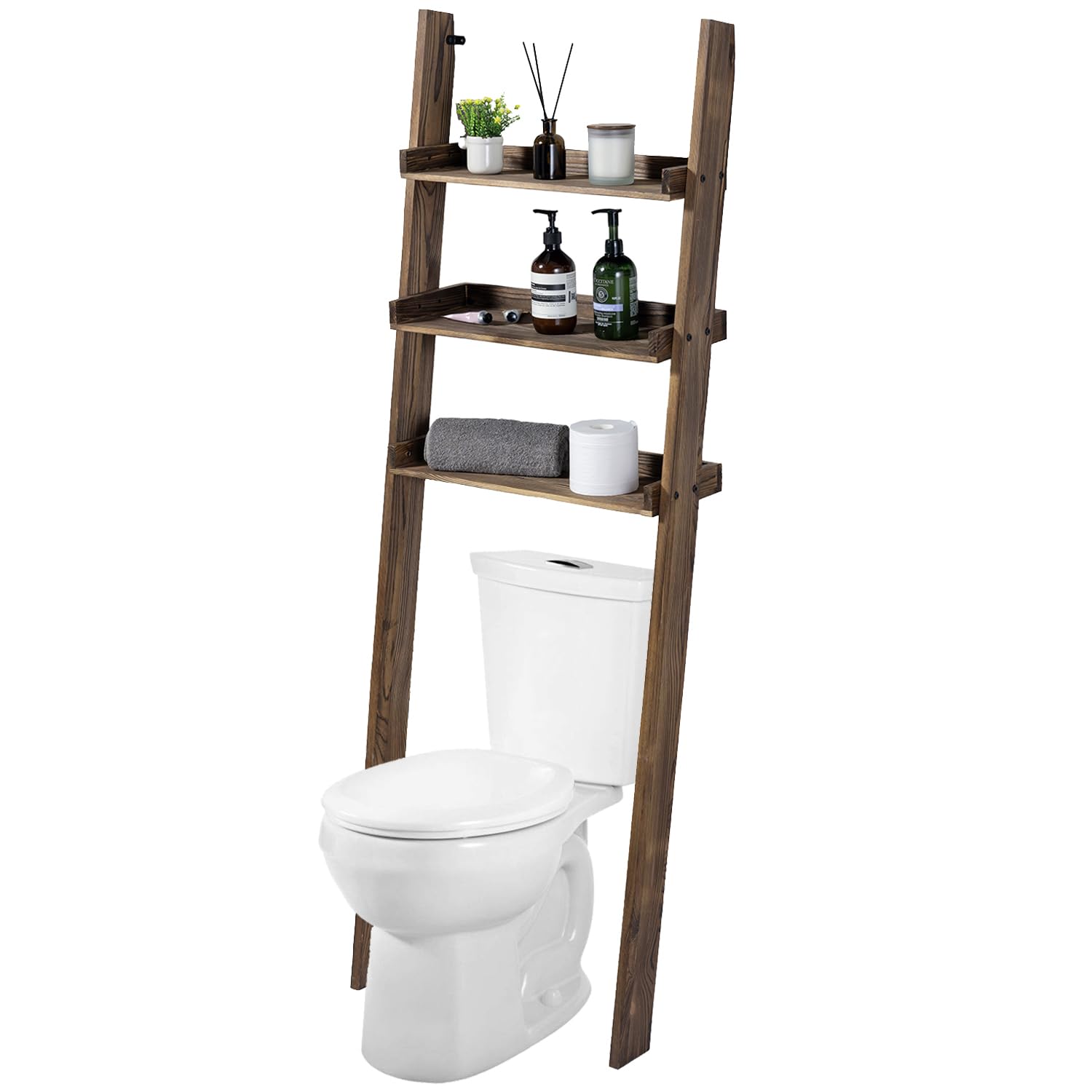 MyGift 5.5 Foot Tall Rustic Burnt Solid Wood Over The Toilet Decorative Ladder Standing Shelf, 3 Tier Bathroom Organizer Leaning Storage Shelves Rack Stand