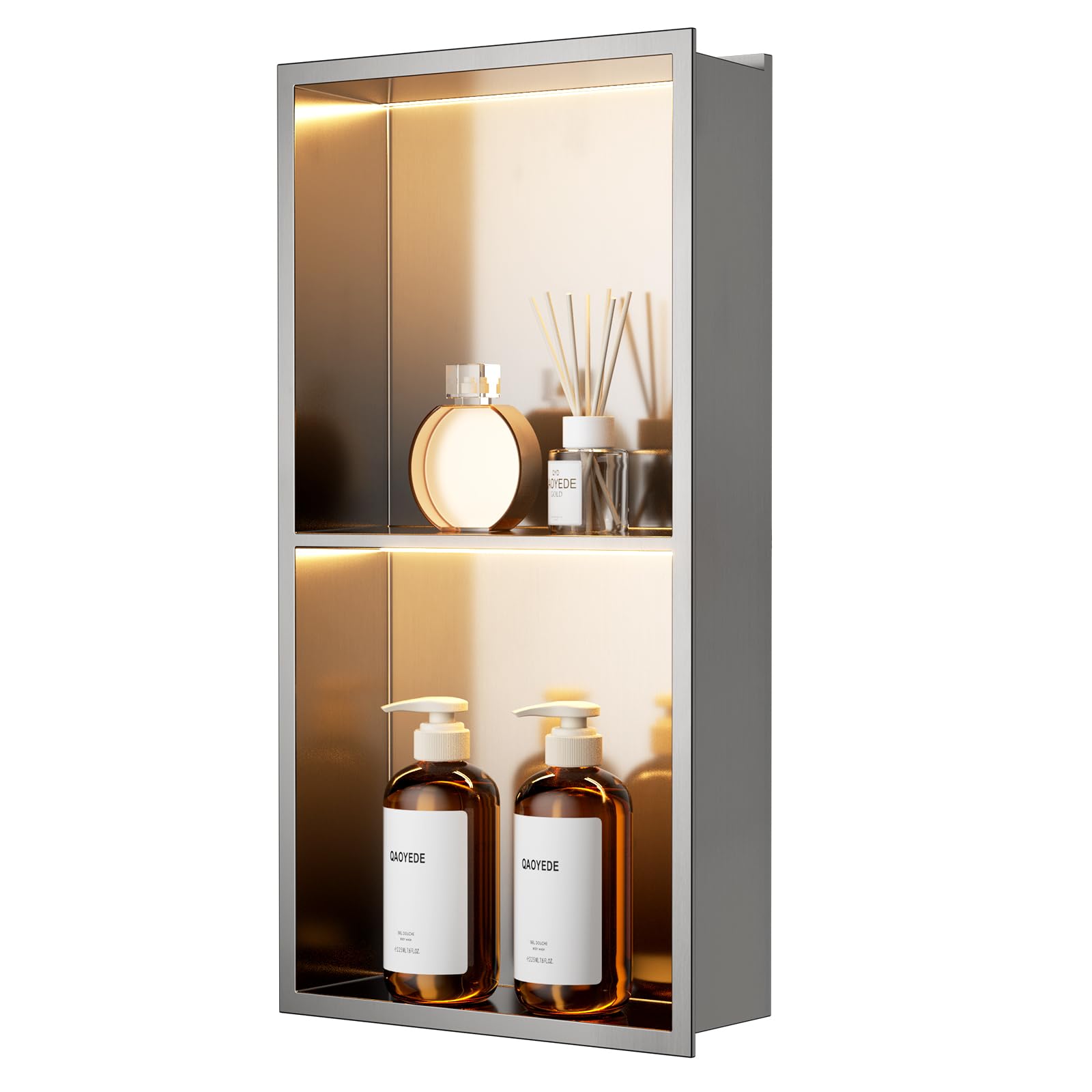 QAOYEDE 12"X30" Stainless Steel Shower Niche 3-Tier Shelf, Matte Black with Waterproof LED Light, No Tile Needed Recessed Wall Organizer for Bathroom