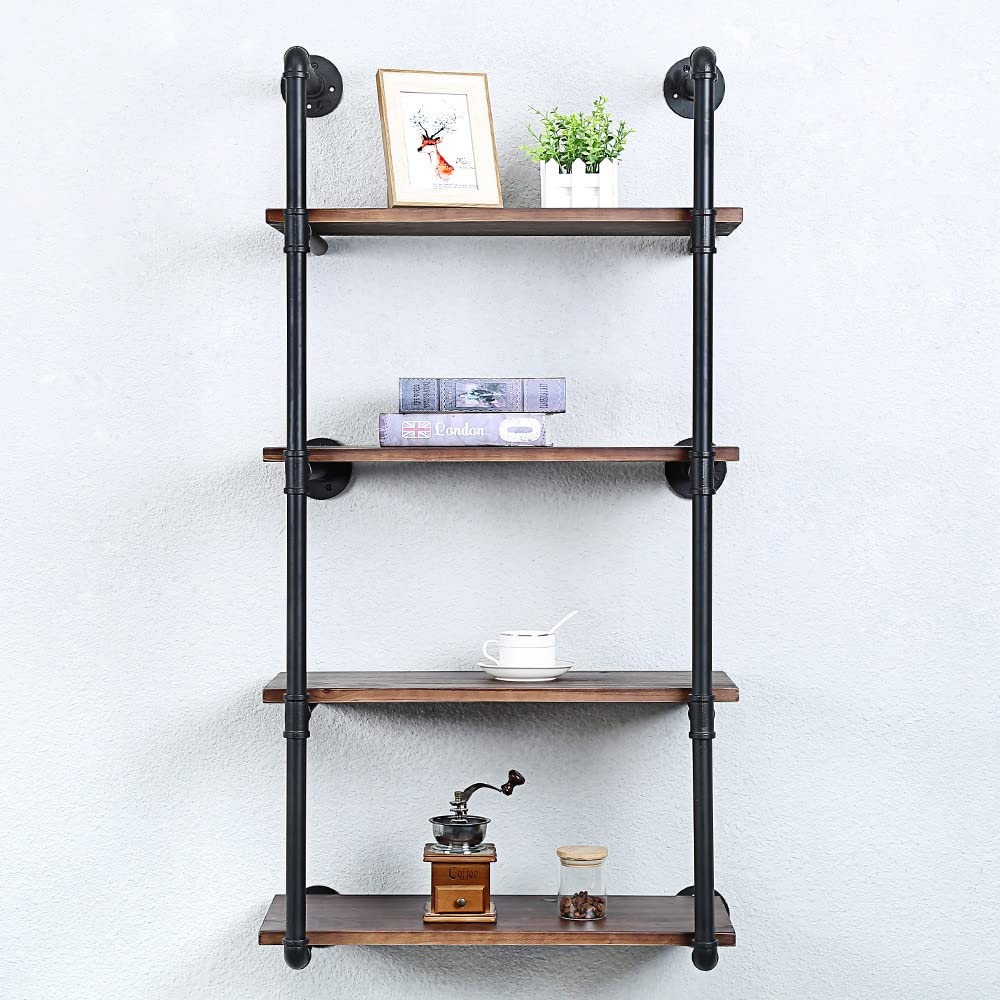Industrial Pipe Shelving Wall Mounted,30in Rustic Metal Floating Shelves,Steampunk Real Wood Book Shelves,Wall Shelf Unit Bookshelf Hanging Wall Shelves,Farmhouse Kitchen Bar Shelving(3 Tier)