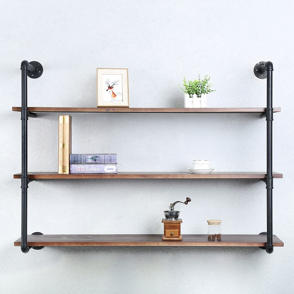 Industrial Pipe Shelving Wall Mounted,30in Rustic Metal Floating Shelves,Steampunk Real Wood Book Shelves,Wall Shelf Unit Bookshelf Hanging Wall Shelves,Farmhouse Kitchen Bar Shelving(3 Tier)