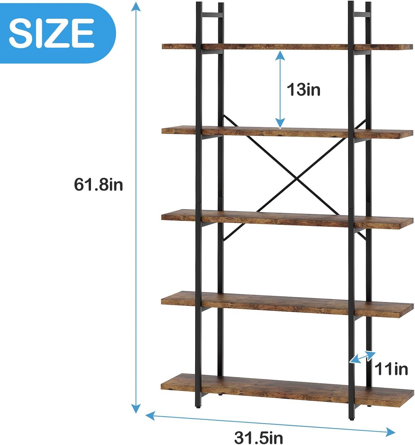 5 Tiers Bookshelf Organizer Industrial Shelf,Modern Open Display Storage Bookcase,Rustic Brown and Metal Bookshelf Standing Storage Shelf Tall Shelving Units for Home Office Study.