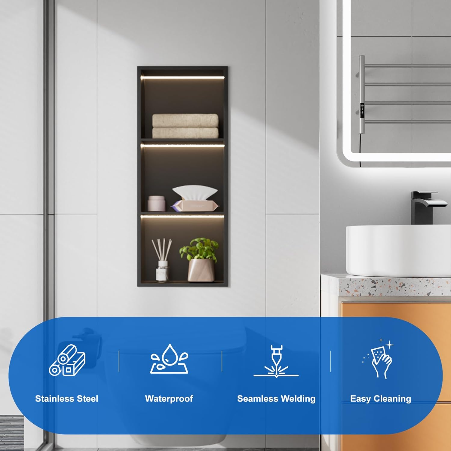 QAOYEDE 12"X30" Stainless Steel Shower Niche 3-Tier Shelf, Matte Black with Waterproof LED Light, No Tile Needed Recessed Wall Organizer for Bathroom