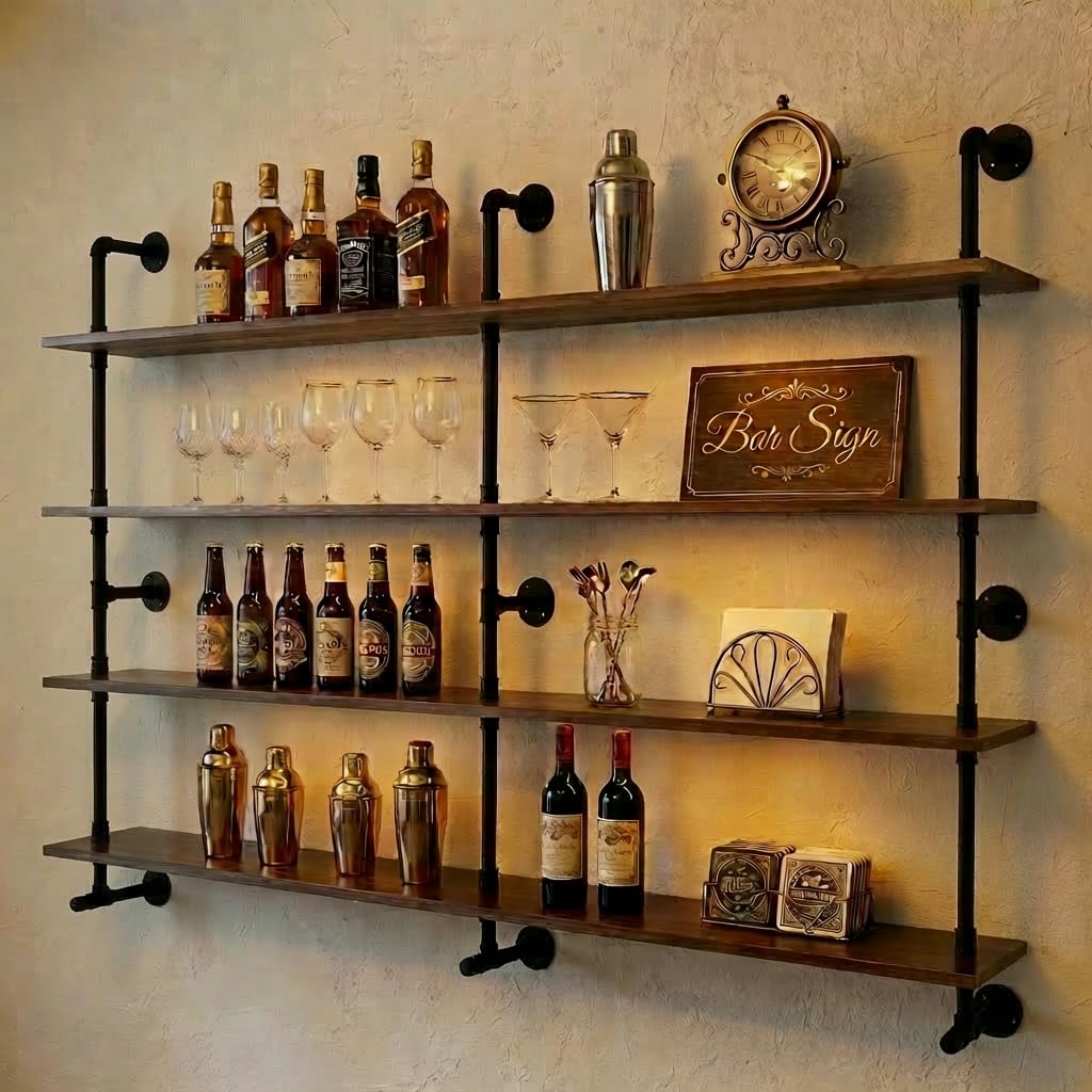 Industrial Pipe Wall Shelves Pipe Shelving with Real Wood Plank ,48 Inches Floating Shelves for Wall Farmhouse Pipe Book Shelves Dark Brown 3 Tier for Kitchen,Living Room Decor and Bar Shelving
