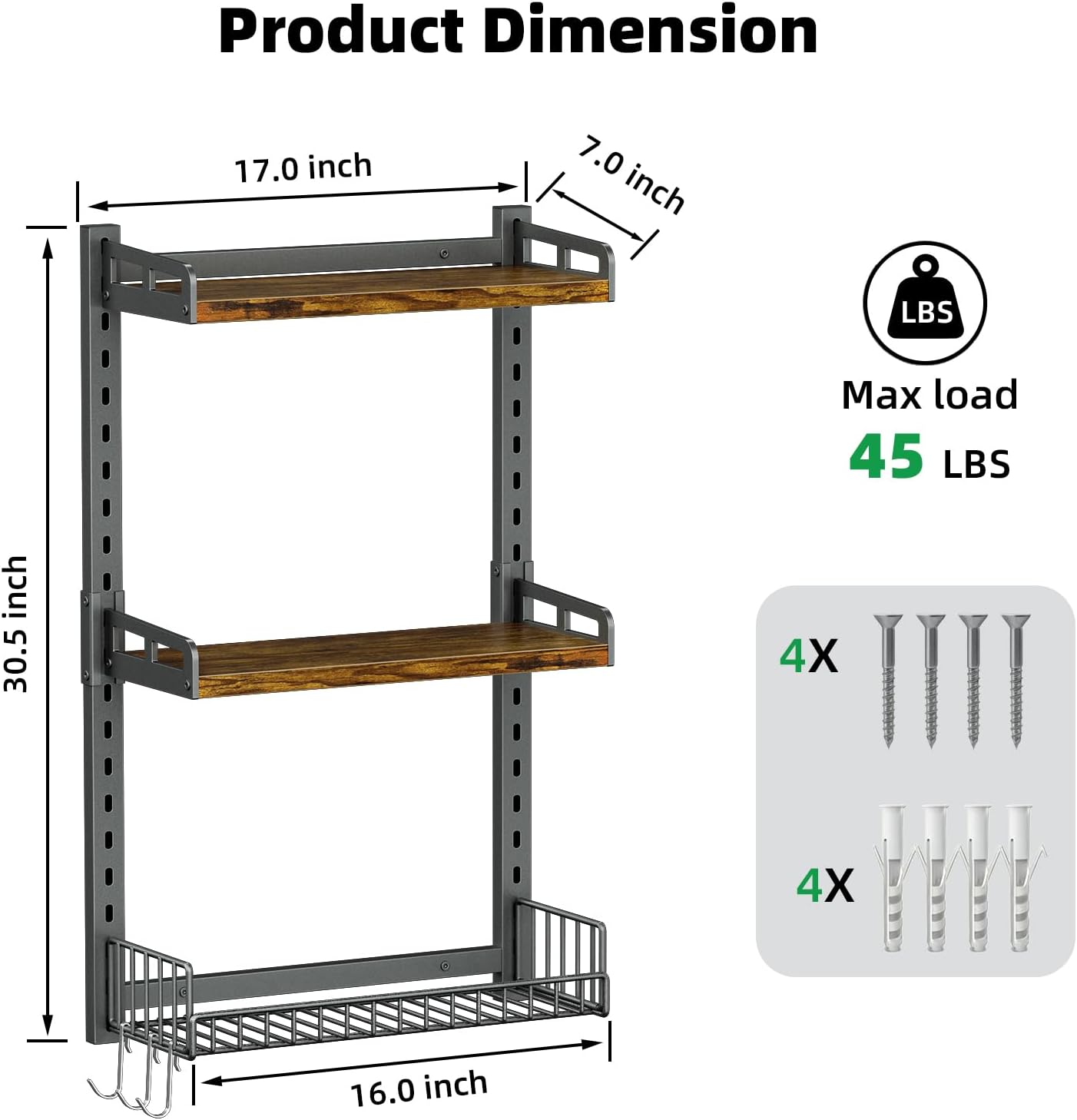 Kalrin 3 Tier Bathroom Shelves Over Toilet - Wall Mounted Floating Shelves with Drain Basket, Toilet Paper Storage, Height Adjustable Over The Toilet Storage, Vintage Brown
