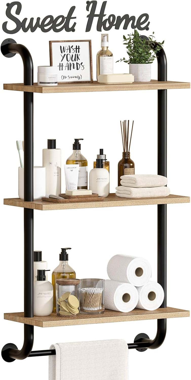 Tinpin Bathroom Shelves Wall Mounted, 3-Tier Rustic Wood Wall Shelf, 17.3 inch Industrial Pipe Floating Shelf for Bathroom,Kitchen,Bedroom,Living Room,Brown