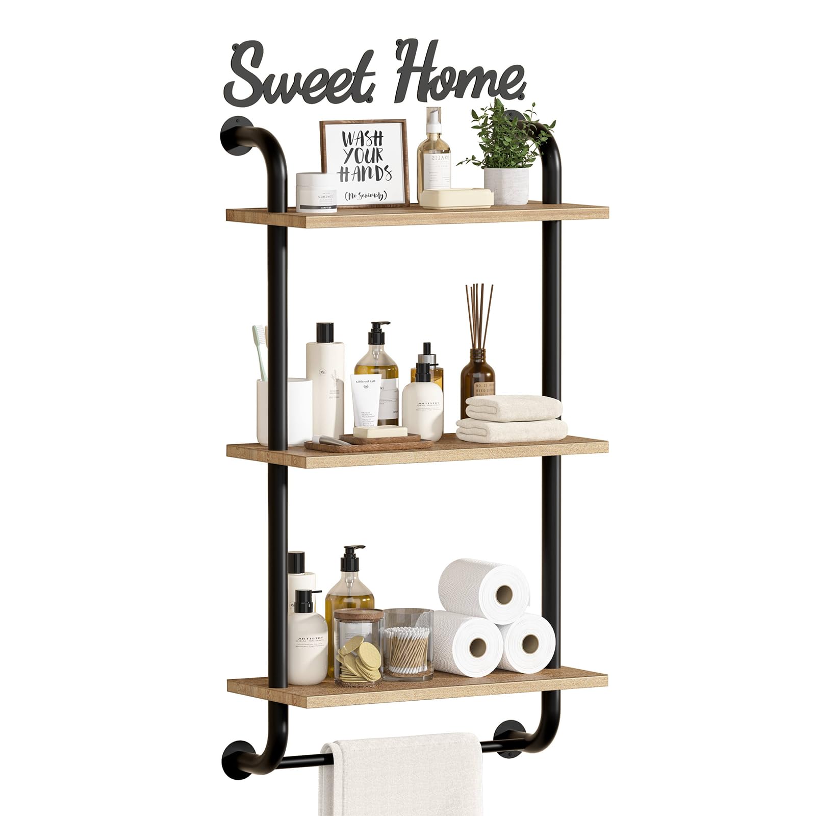 Tinpin Bathroom Shelves Wall Mounted, 3-Tier Rustic Wood Wall Shelf, 17.3 inch Industrial Pipe Floating Shelf for Bathroom,Kitchen,Bedroom,Living Room,Brown