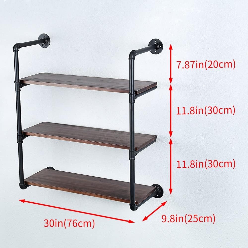 Industrial Pipe Shelving Wall Mounted,30in Rustic Metal Floating Shelves,Steampunk Real Wood Book Shelves,Wall Shelf Unit Bookshelf Hanging Wall Shelves,Farmhouse Kitchen Bar Shelving(3 Tier)