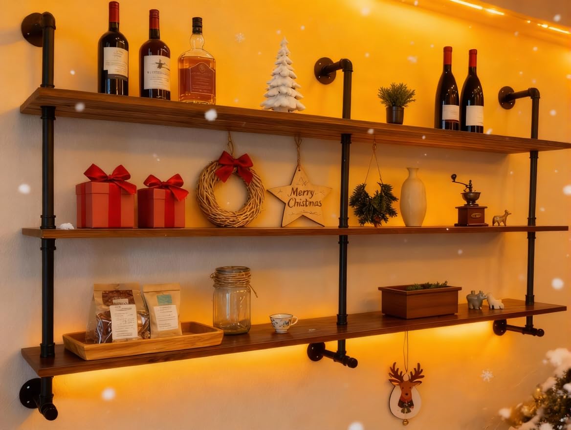 Industrial Pipe Wall Shelves Pipe Shelving with Real Wood Plank ,48 Inches Floating Shelves for Wall Farmhouse Pipe Book Shelves Dark Brown 3 Tier for Kitchen,Living Room Decor and Bar Shelving