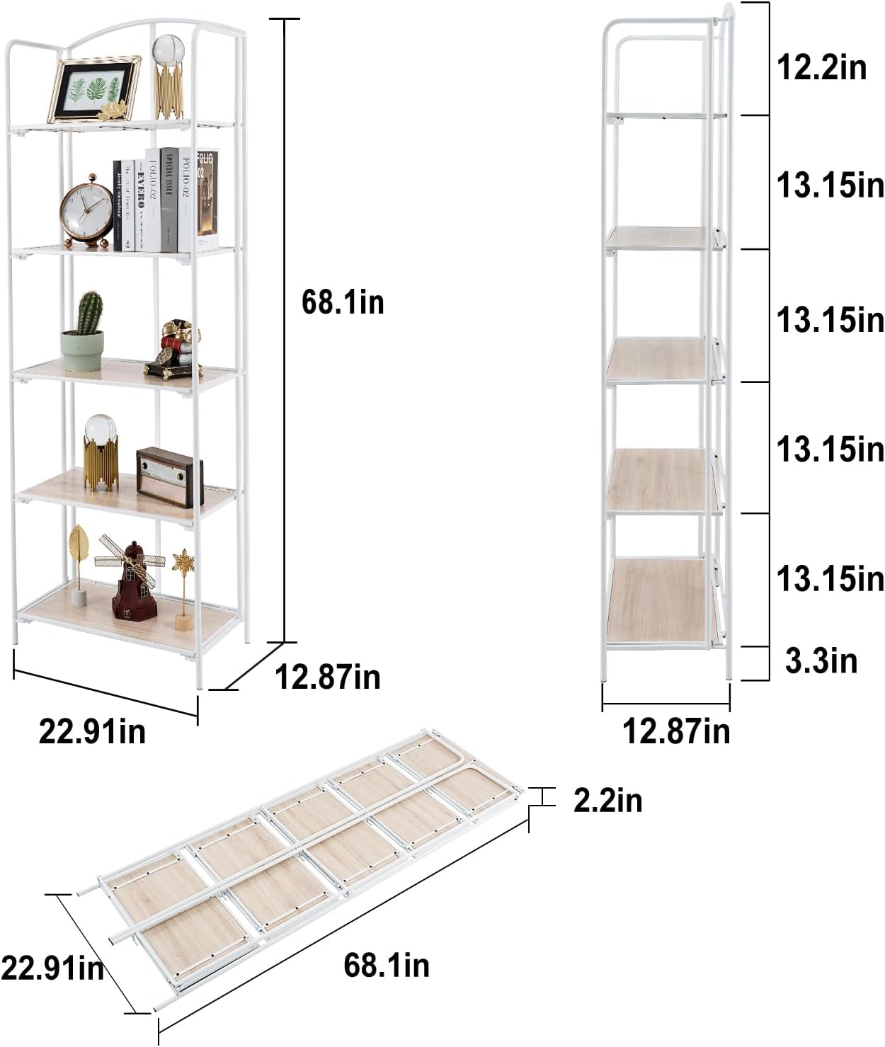 Crofy No Assembly Folding Bookshelf for Living Room, 5 Tier White Collapsible Book Shelf for Home Office, Portable Bookcase Storage Organizer