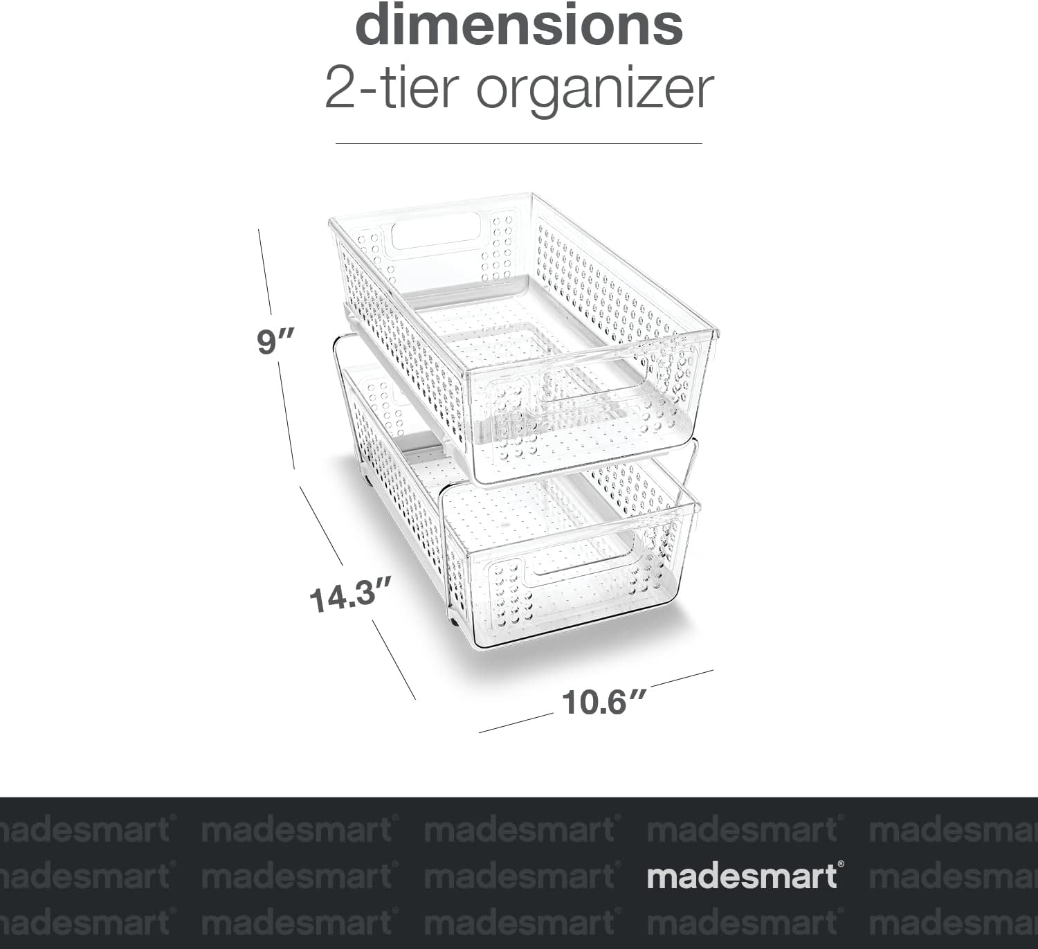 madesmart 2 Tier Organizer, Under Cabinet Storage with Pull Out Sliding Drawers, for Cleaning Supplies, Undersink Storage, Sponges, Bottles & Bath, Adjustable Dividers & Pull Out Baskets, Clear