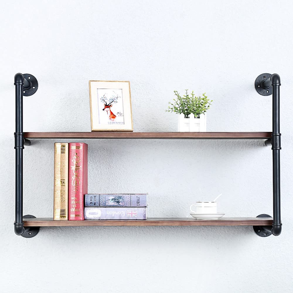 Industrial Pipe Shelving Wall Mounted,30in Rustic Metal Floating Shelves,Steampunk Real Wood Book Shelves,Wall Shelf Unit Bookshelf Hanging Wall Shelves,Farmhouse Kitchen Bar Shelving(3 Tier)
