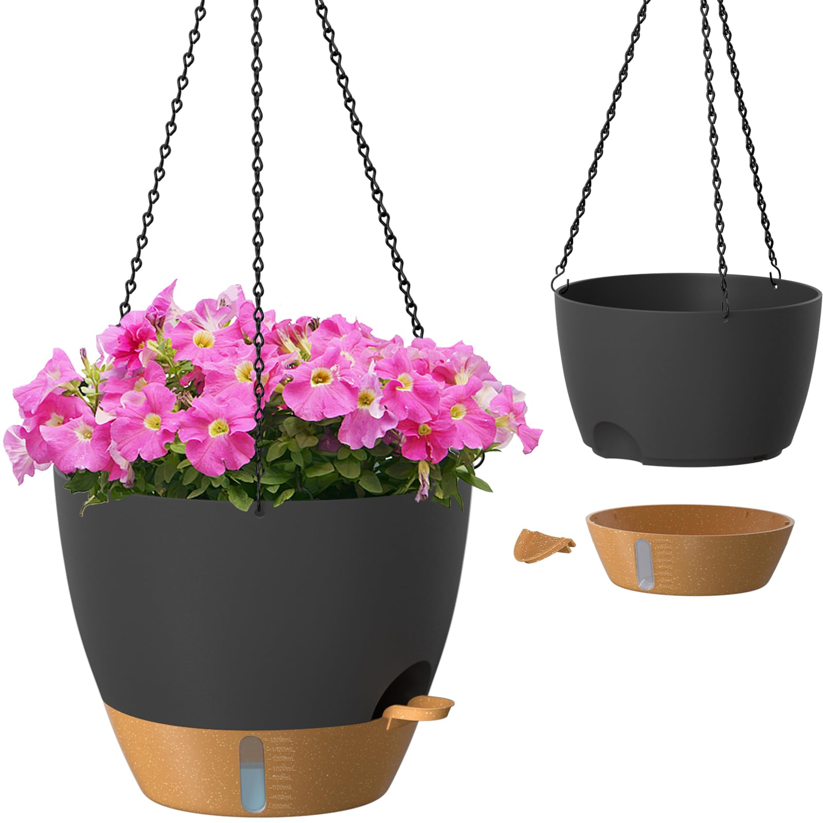 ZMTECH 8 Inch Hanging Planters for Indoor Outdoor Plants, 2 Pack Self Watering Hanging Plant Pots with Drainage Holes and Removable Saucer, Plastic Flower Hanging Pots with Watering Lip (Black)