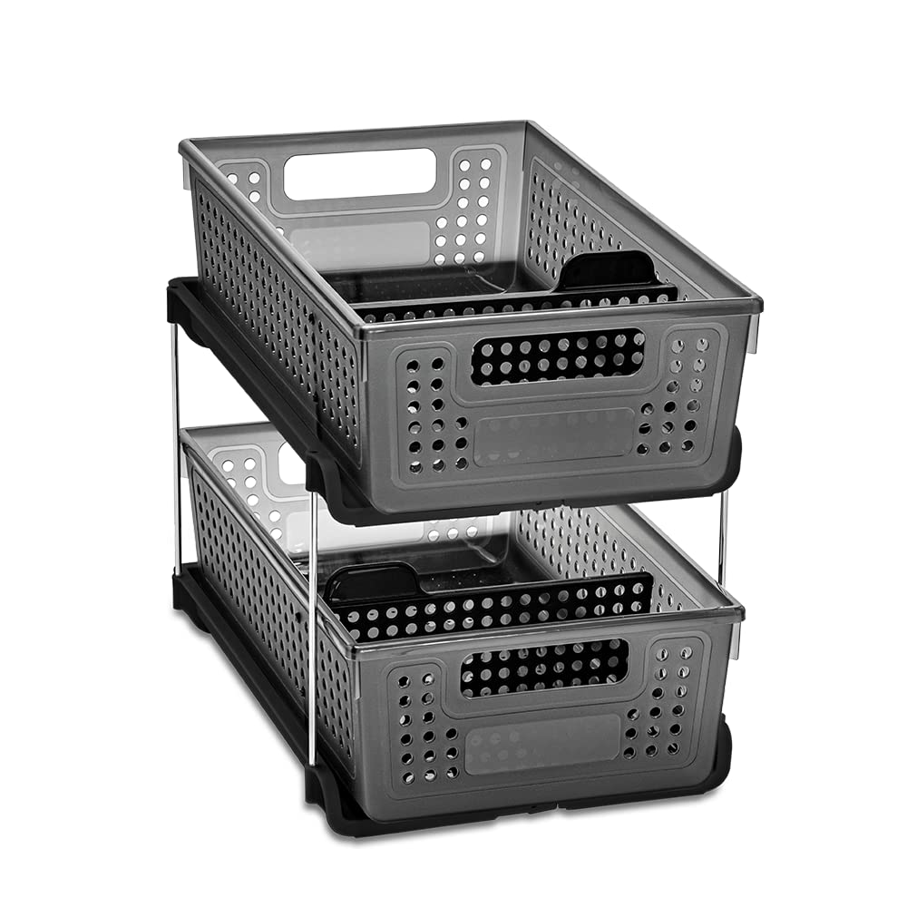 madesmart 2 Tier Organizer, Under Cabinet Storage with Pull Out Sliding Drawers, for Cleaning Supplies, Undersink Storage, Sponges, Bottles & Bath, Adjustable Dividers & Pull Out Baskets, Clear