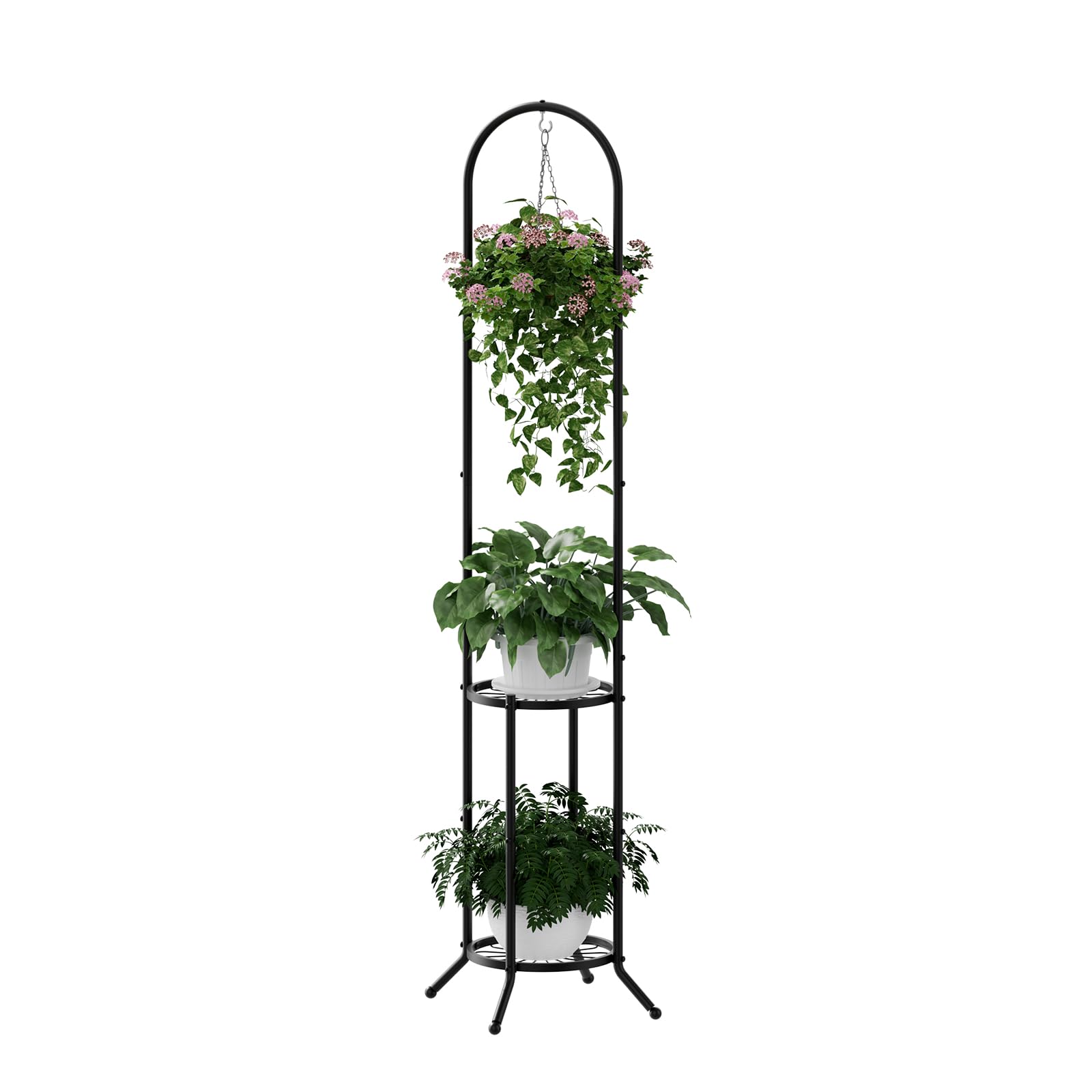 2-tier Hanging Plant Stand Indoor and Outdoor, Space-Saving Iron Plant Shelf, 3 Potted Flower Pot Stand ,Planter Holder for Bedroom Balcony Living Room Patio Garden( n-style)