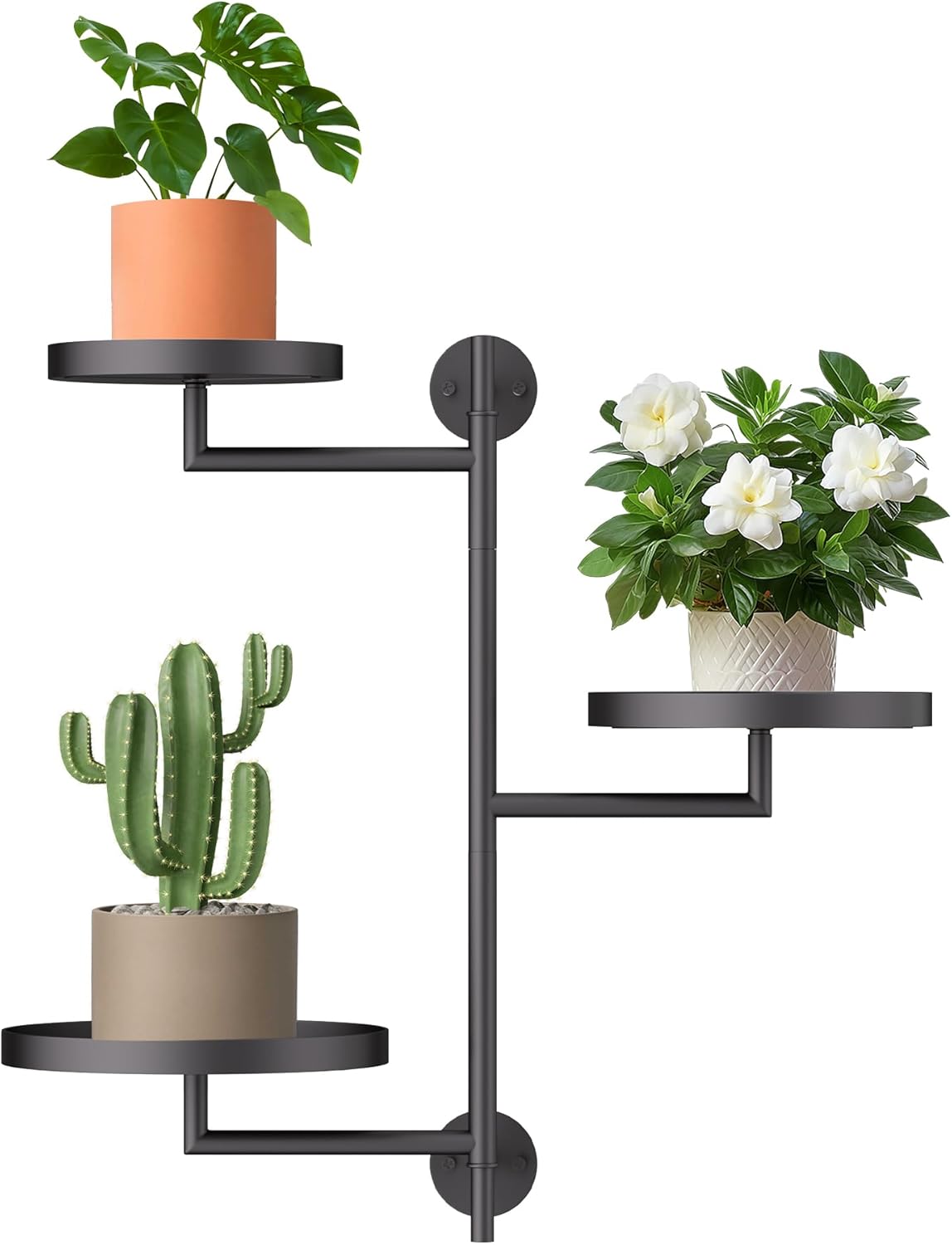 YQSLYSF Window Rotating Plant Stand Shelf Indoor Black Metal Floating Shelves 3-Tier Wall Mount Plant Holders for Living Room Wall Planter Modern Home Decor for Gardening