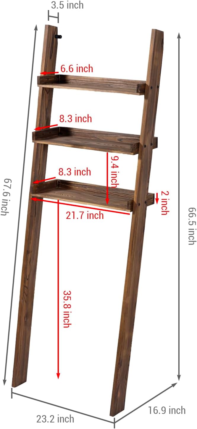 MyGift 5.5 Foot Tall Rustic Burnt Solid Wood Over The Toilet Decorative Ladder Standing Shelf, 3 Tier Bathroom Organizer Leaning Storage Shelves Rack Stand