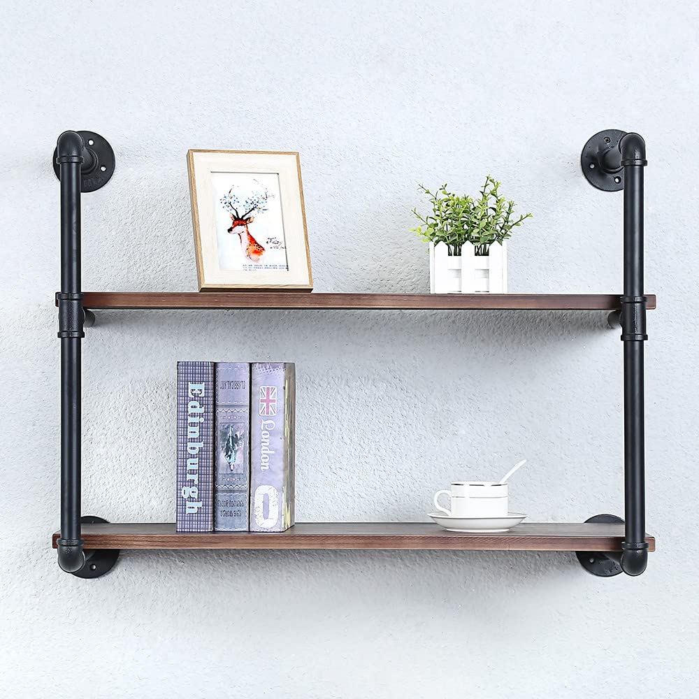 Industrial Pipe Shelving Wall Mounted,30in Rustic Metal Floating Shelves,Steampunk Real Wood Book Shelves,Wall Shelf Unit Bookshelf Hanging Wall Shelves,Farmhouse Kitchen Bar Shelving(3 Tier)