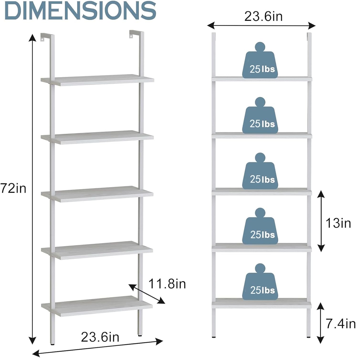 aboxoo Ladder Shelf 2 PCS White Bookshelf 5-Tier Wooden Open Shelf Wall-Mounted Wood Rack Industrial Modern Plant Flower Stand Utility Organizer Bookcase Metal Frame Furniture Office Kitchen Bedroom