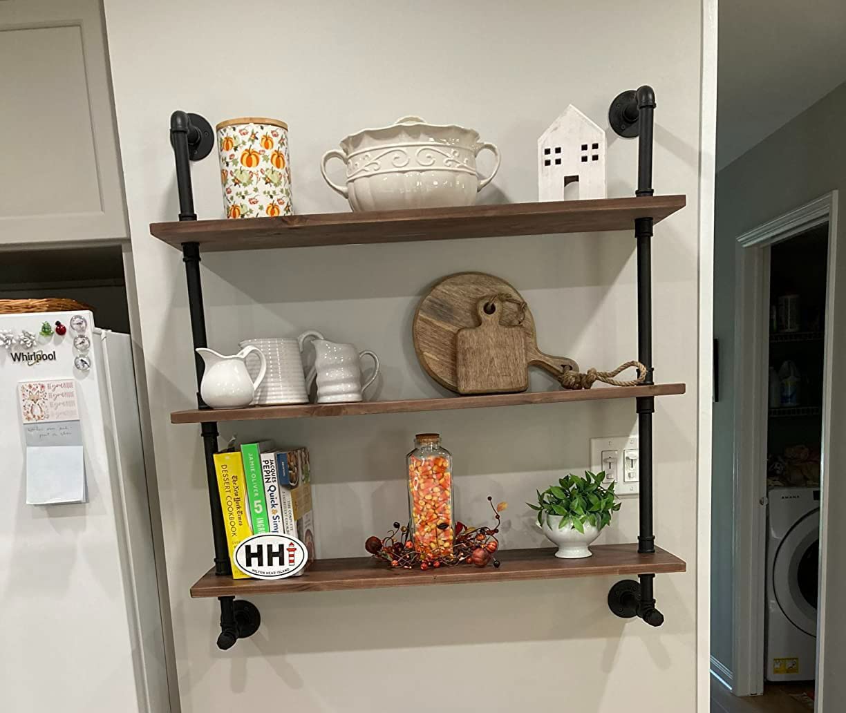 Industrial Pipe Wall Shelves Pipe Shelving with Real Wood Plank ,48 Inches Floating Shelves for Wall Farmhouse Pipe Book Shelves Dark Brown 3 Tier for Kitchen,Living Room Decor and Bar Shelving