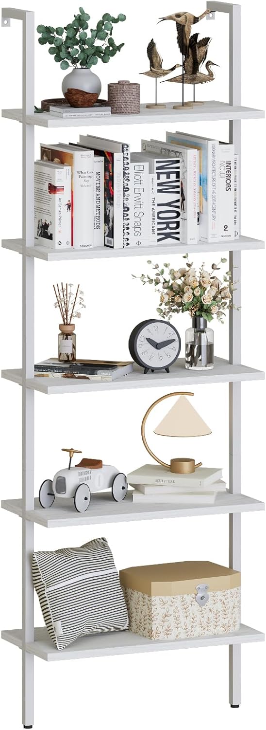 aboxoo Ladder Shelf White Wooden Bookshelf 5-Tier Wall-Mounted Open Wood Rack Industrial Modern Plant Flower Stand Utility Organizer Bookcase Metal Frame Furniture Office Kitchen Bedroom