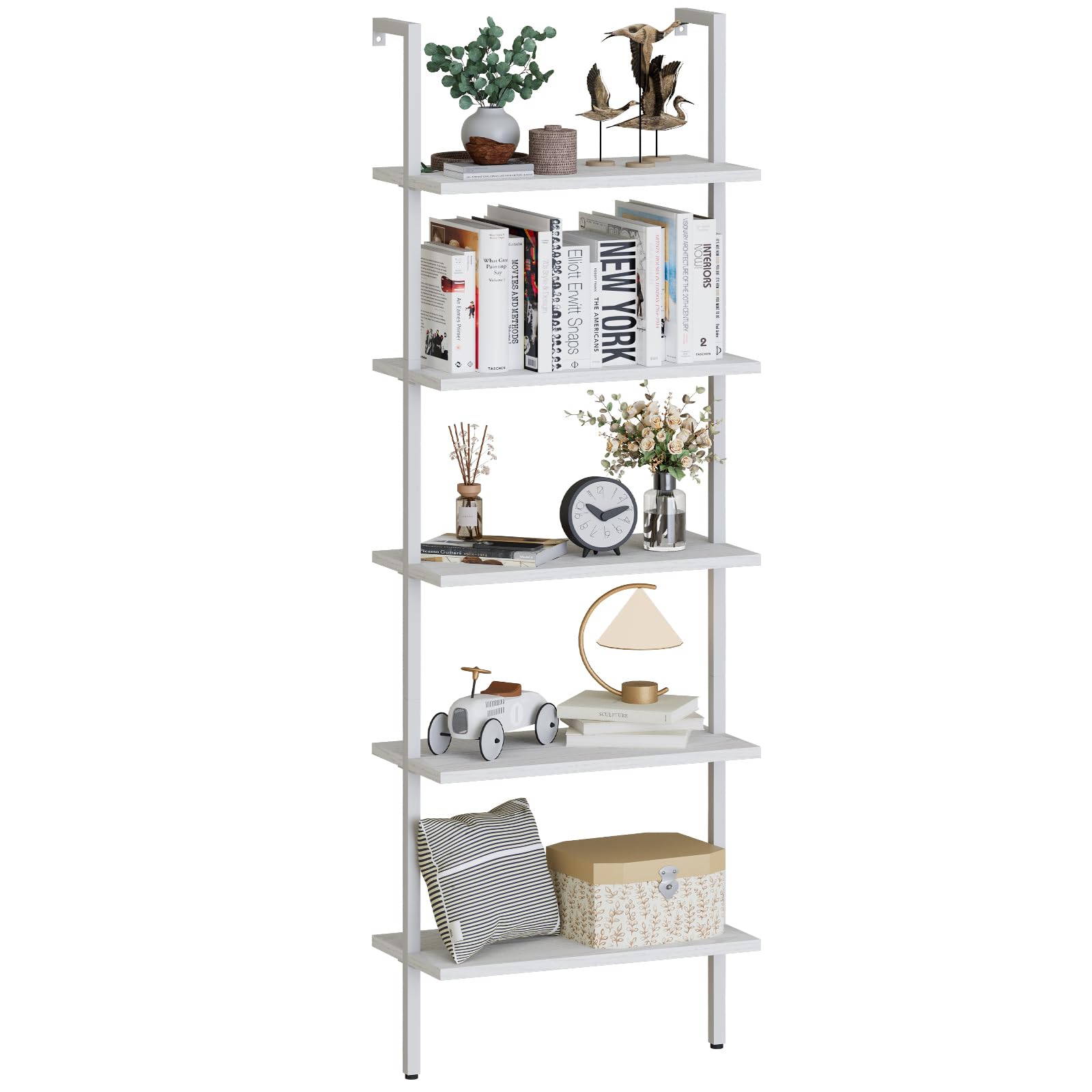 aboxoo Ladder Shelf 2 PCS White Bookshelf 5-Tier Wooden Open Shelf Wall-Mounted Wood Rack Industrial Modern Plant Flower Stand Utility Organizer Bookcase Metal Frame Furniture Office Kitchen Bedroom