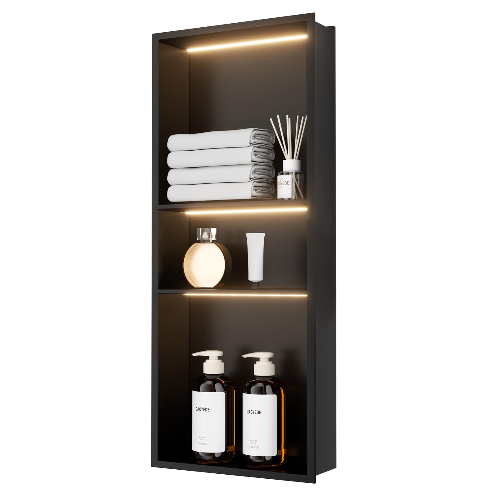 QAOYEDE 12"X30" Stainless Steel Shower Niche 3-Tier Shelf, Matte Black with Waterproof LED Light, No Tile Needed Recessed Wall Organizer for Bathroom