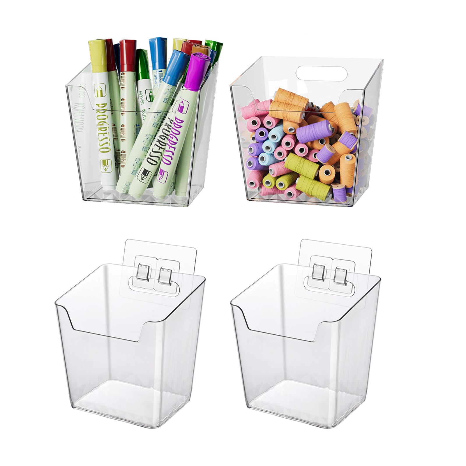 Clear Adhesive Wall Storage Bins, 4 Pack Cabinet Door Organizer Holders, Hanging Wall Mount Pockets, Plastic Cups for Shower Bathroom Makeup Office Craft Remote Kitchen Sink RV Organization (Medium)