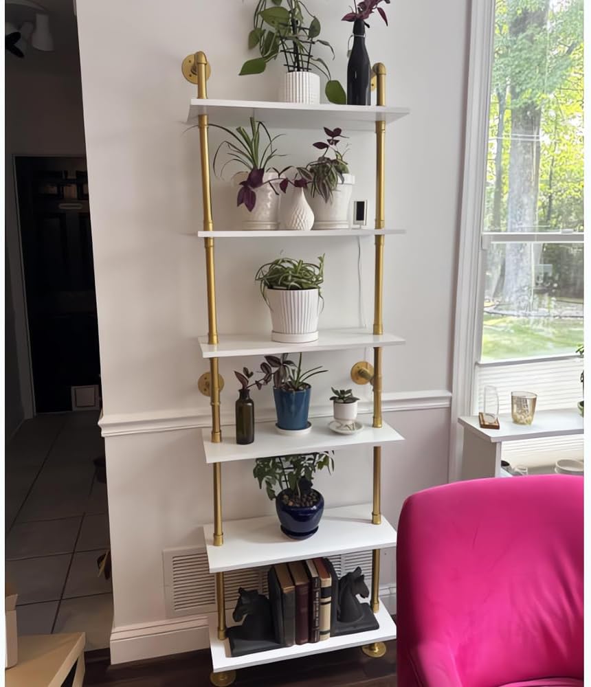 Industrial Gold Bookshelf-6 Tier Wall Mounted Ladder Bookshelf, Rustic Gold Storage Book Shelves Display Bookcases for Living Room/Home/Office