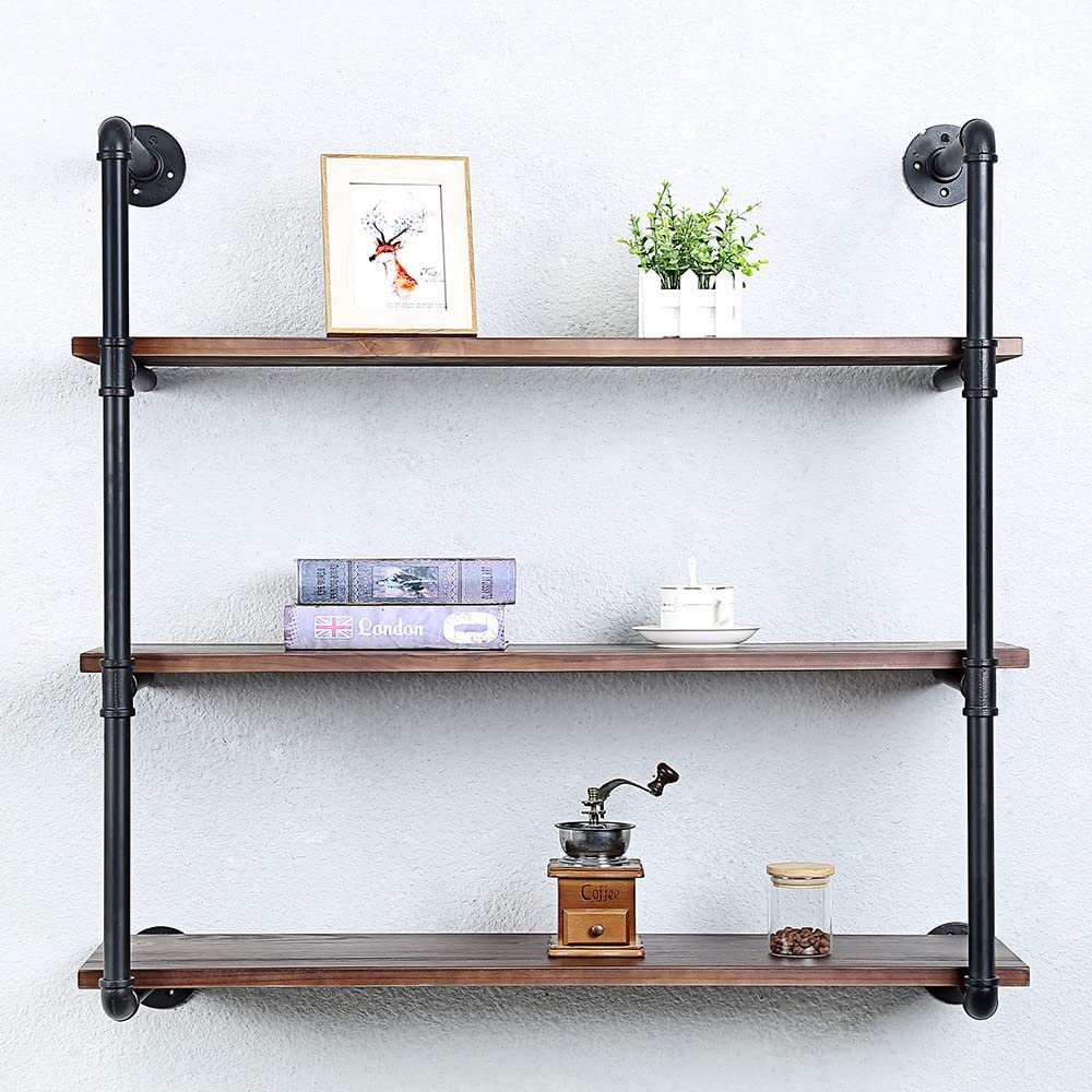 Industrial Pipe Shelving Wall Mounted,30in Rustic Metal Floating Shelves,Steampunk Real Wood Book Shelves,Wall Shelf Unit Bookshelf Hanging Wall Shelves,Farmhouse Kitchen Bar Shelving(3 Tier)