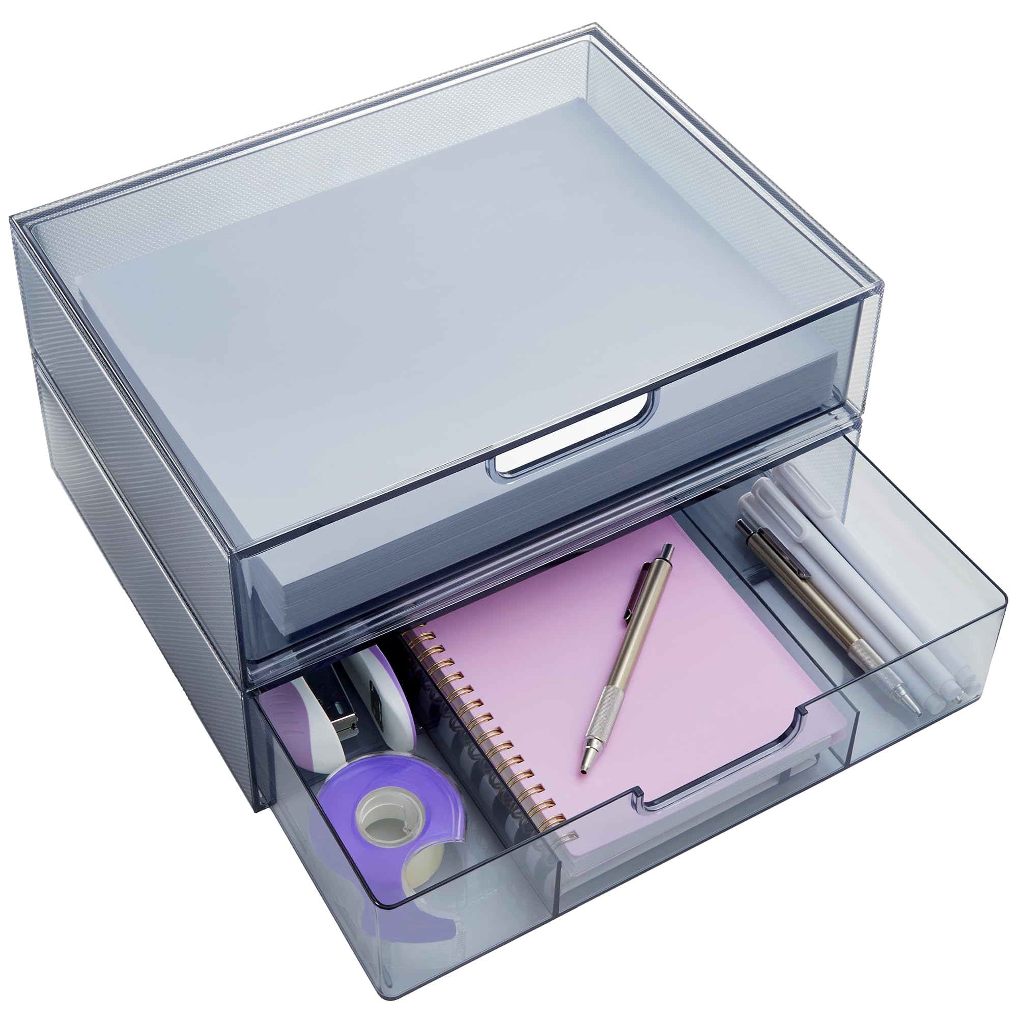 STORi STAX Plastic Stackable Organizer Drawers (Set of 2) Clear | 12.5" Wide | Set Includes One Open Drawer & One Divided Drawer | Organize Office Desk Accessories & Sort Paper | Made in USA