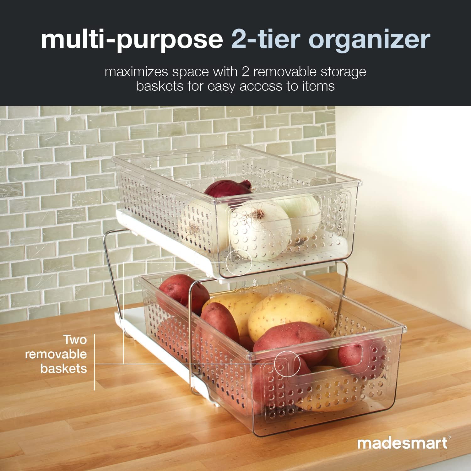 madesmart 2 Tier Organizer, Under Cabinet Storage with Pull Out Sliding Drawers, for Cleaning Supplies, Undersink Storage, Sponges, Bottles & Bath, Adjustable Dividers & Pull Out Baskets, Clear