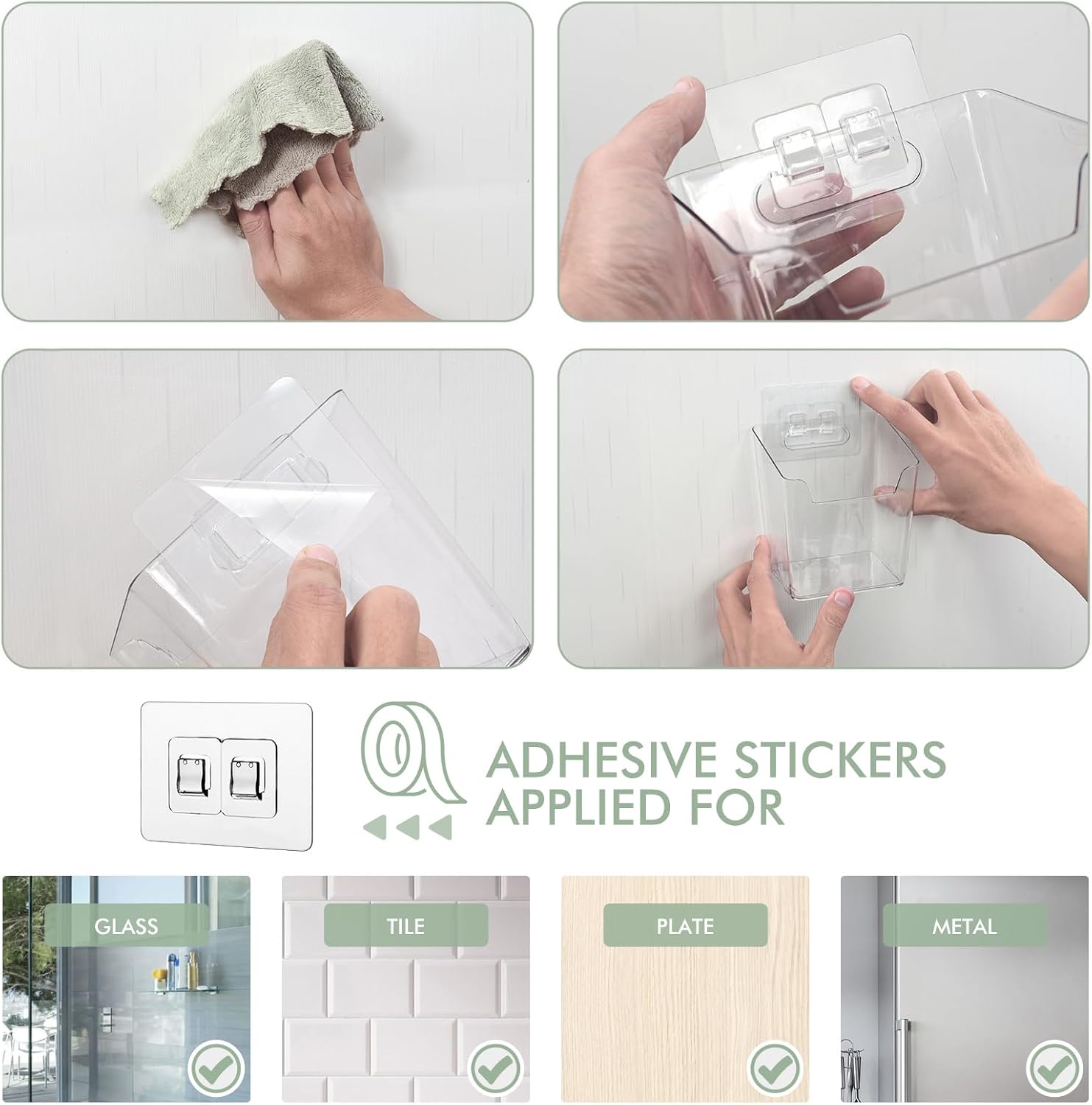 Clear Adhesive Wall Storage Bins, 4 Pack Cabinet Door Organizer Holders, Hanging Wall Mount Pockets, Plastic Cups for Shower Bathroom Makeup Office Craft Remote Kitchen Sink RV Organization (Medium)