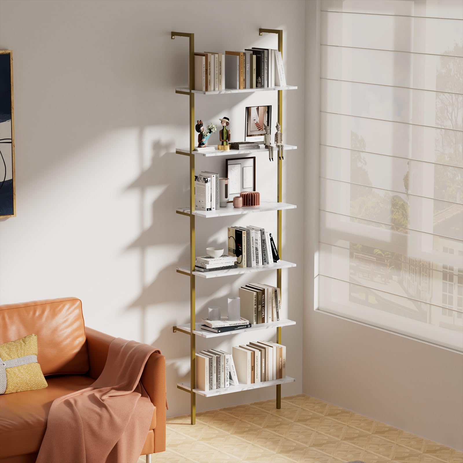 aboxoo Ladder Shelf 2 PCS White Bookshelf 5-Tier Wooden Open Shelf Wall-Mounted Wood Rack Industrial Modern Plant Flower Stand Utility Organizer Bookcase Metal Frame Furniture Office Kitchen Bedroom